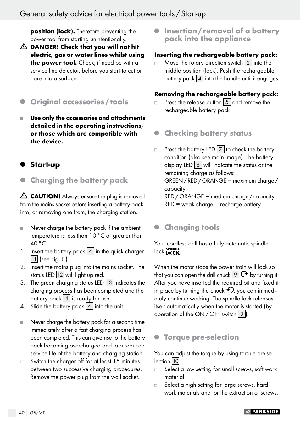 Start-up / operation, Original accessories / tools, Start-up | Charging the battery pack, Checking battery status, Changing tools, Torque pre-selection | Parkside PABS 14.4 A1 User Manual | Page 40 / 55