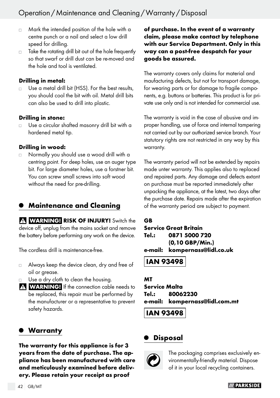 Maintenance and cleaning, Warranty, Disposal | Parkside PABS 14.4 A1 User Manual | Page 42 / 55
