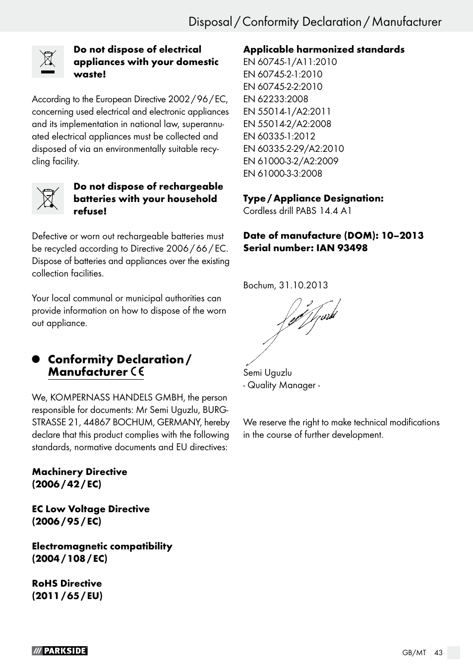 Disposal / conformity declaration / manufacturer, Conformity declaration / manufacturer | Parkside PABS 14.4 A1 User Manual | Page 43 / 55
