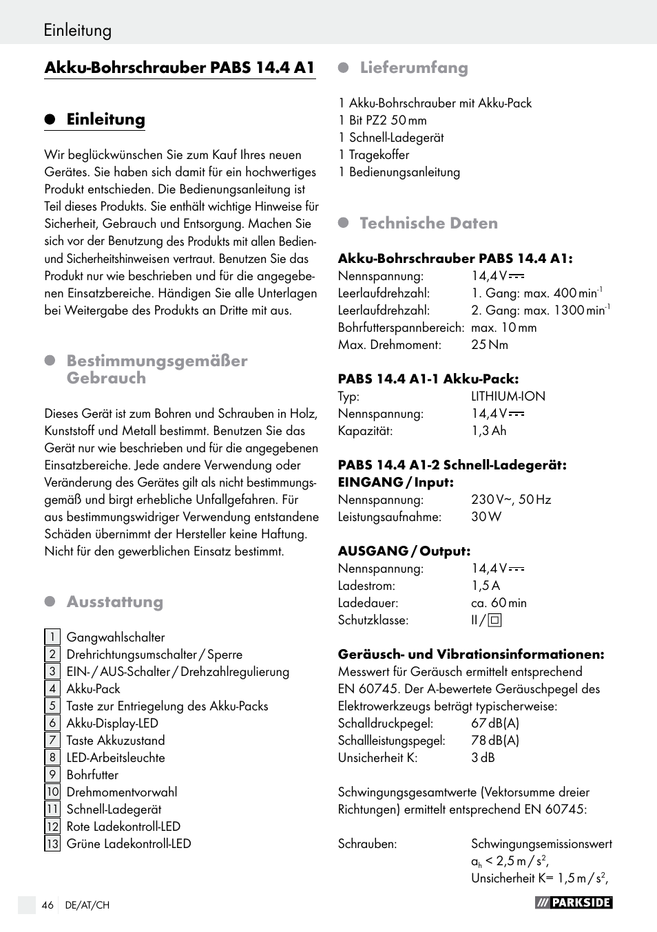 Einleitung, Akku-bohrschrauber pabs 14.4 a1, Bestimmungsgemäßer gebrauch | Ausstattung, Lieferumfang, Technische daten | Parkside PABS 14.4 A1 User Manual | Page 46 / 55