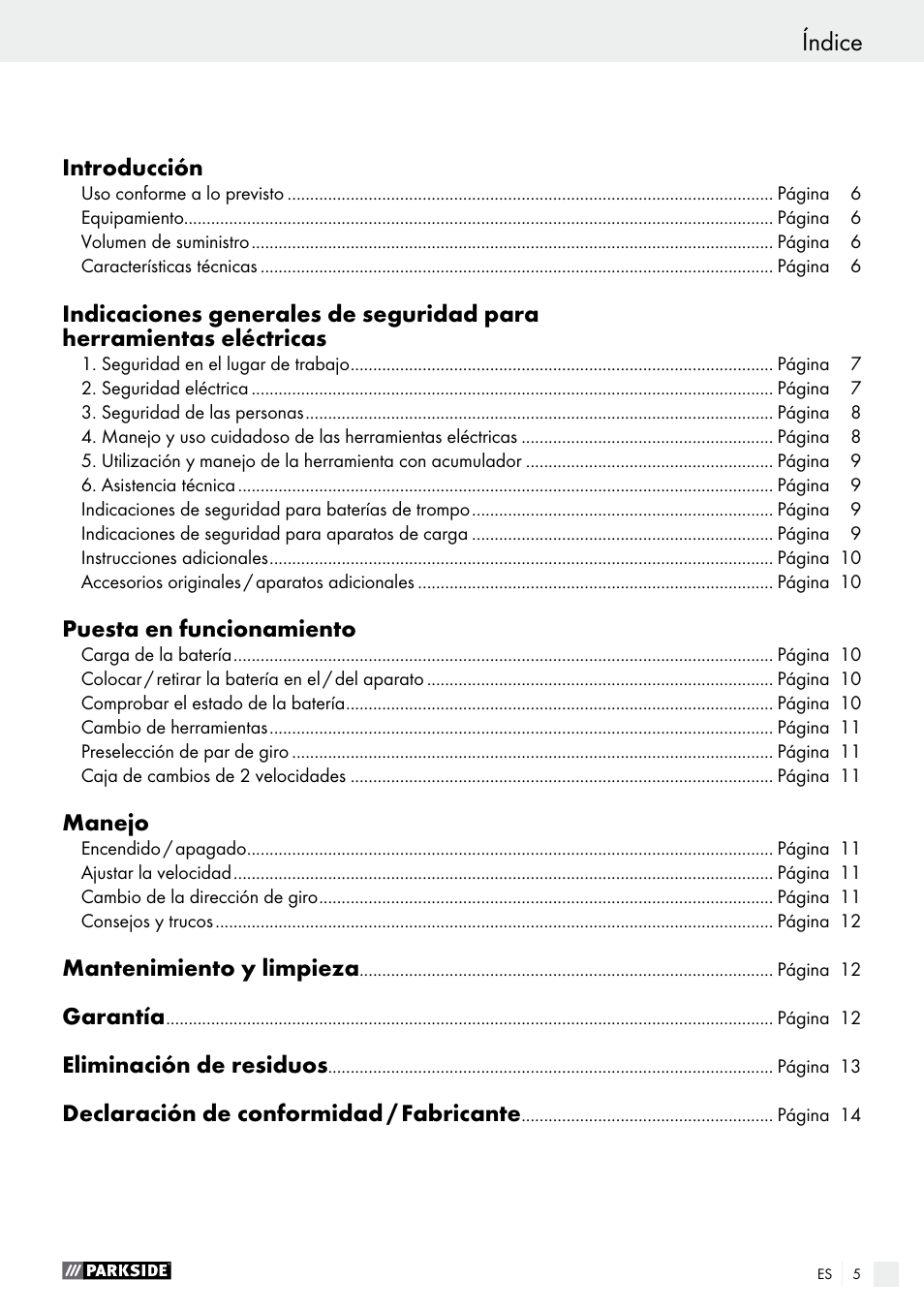 Índice | Parkside PABS 14.4 A1 User Manual | Page 5 / 55