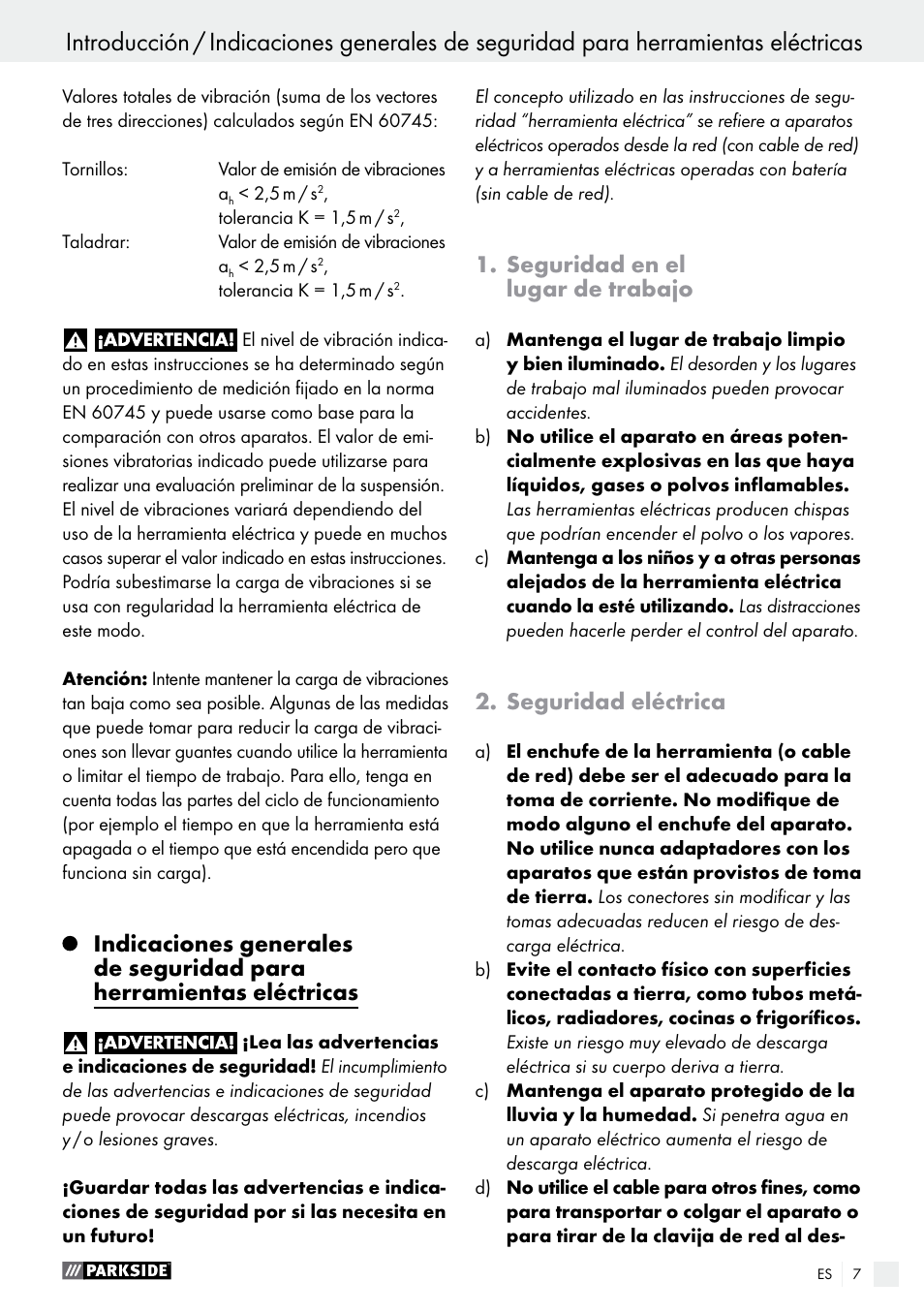 Seguridad en el lugar de trabajo, Seguridad eléctrica | Parkside PABS 14.4 A1 User Manual | Page 7 / 55