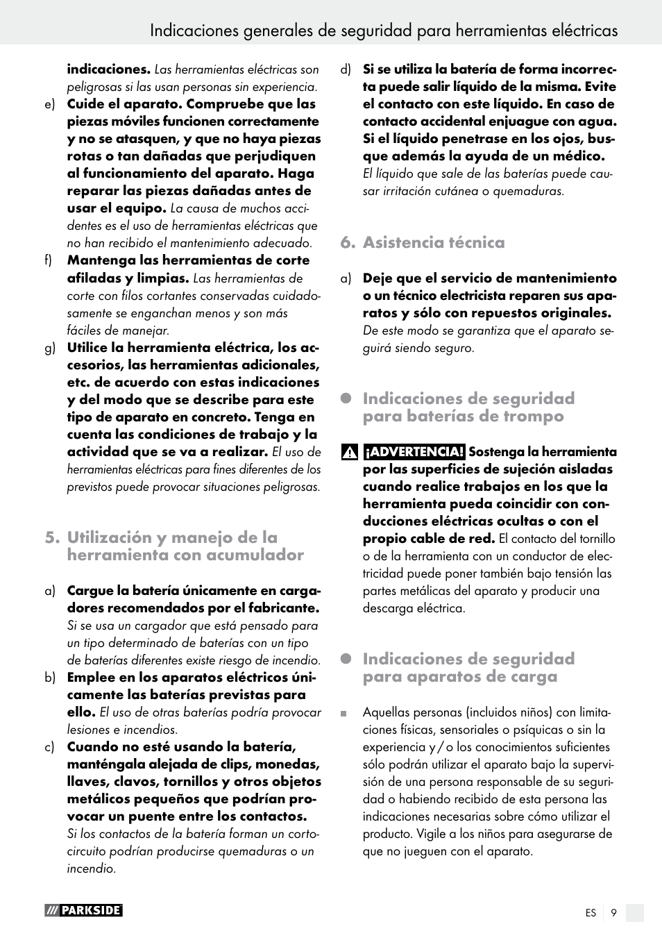 Asistencia técnica, Indicaciones de seguridad para baterías de trompo, Indicaciones de seguridad para aparatos de carga | Parkside PABS 14.4 A1 User Manual | Page 9 / 55