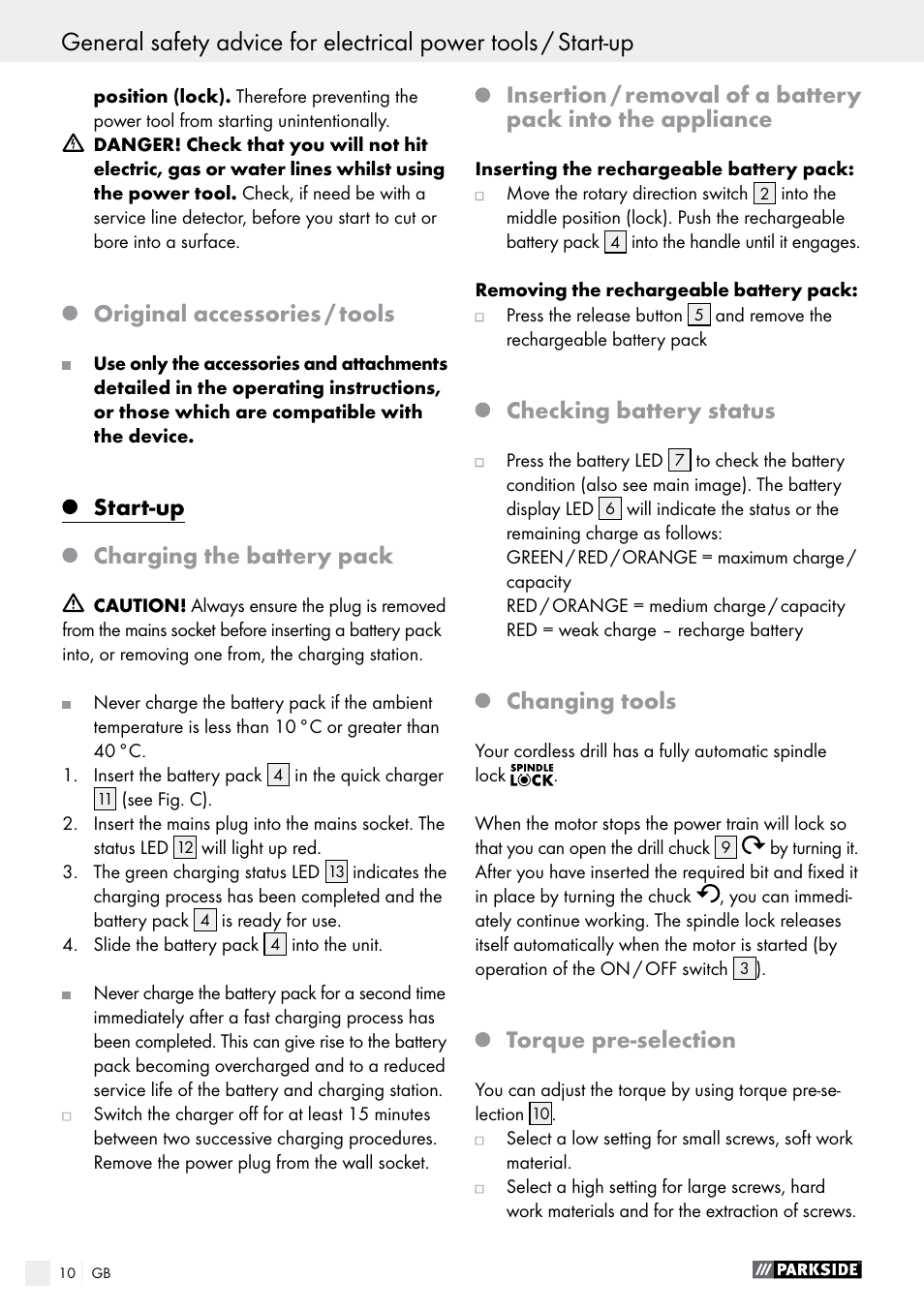 Start-up / operation, Original accessories / tools, Start-up | Charging the battery pack, Checking battery status, Changing tools, Torque pre-selection | Parkside PABS 14.4 A1 User Manual | Page 10 / 77