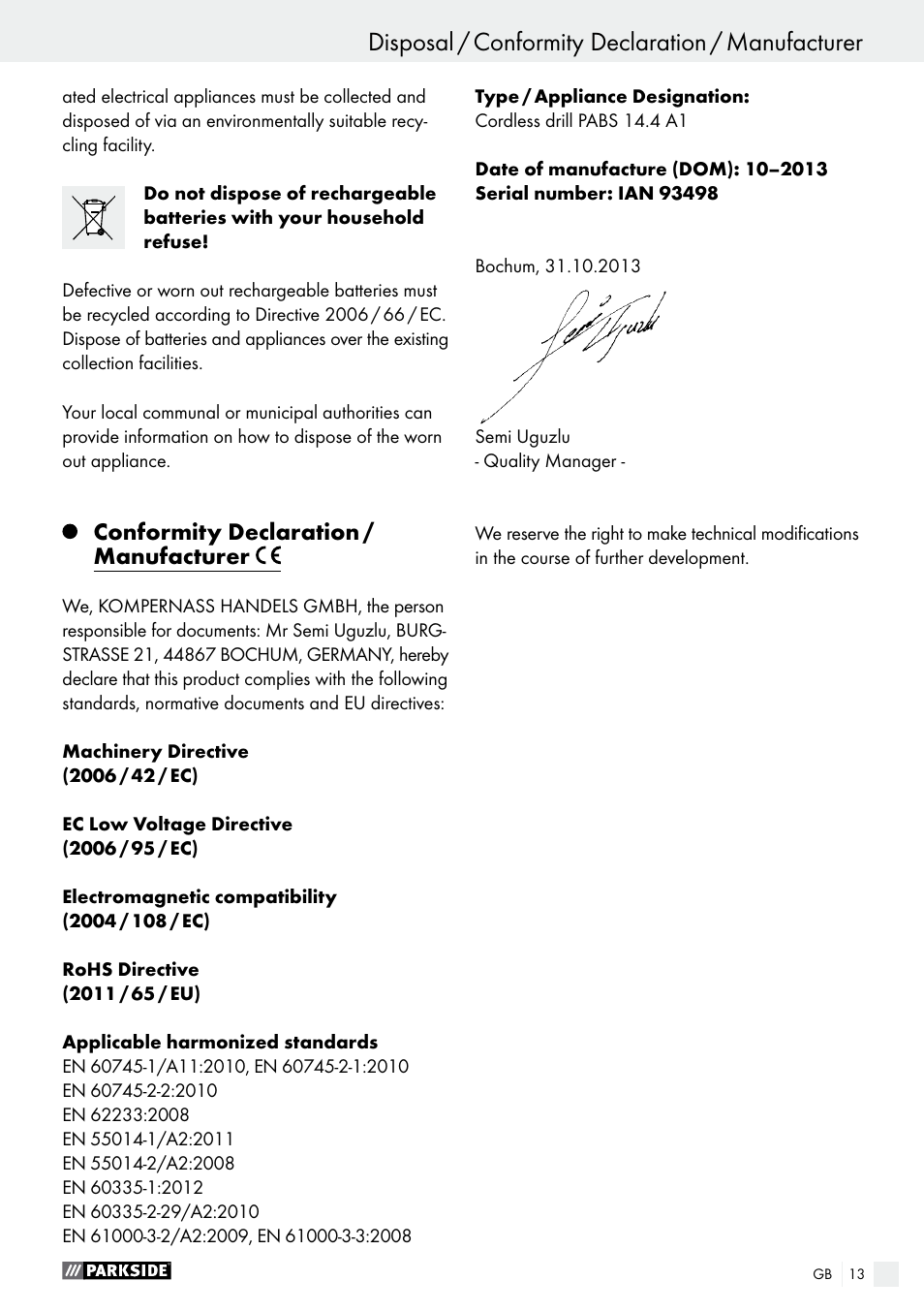 Disposal / conformity declaration / manufacturer, Conformity declaration / manufacturer | Parkside PABS 14.4 A1 User Manual | Page 13 / 77