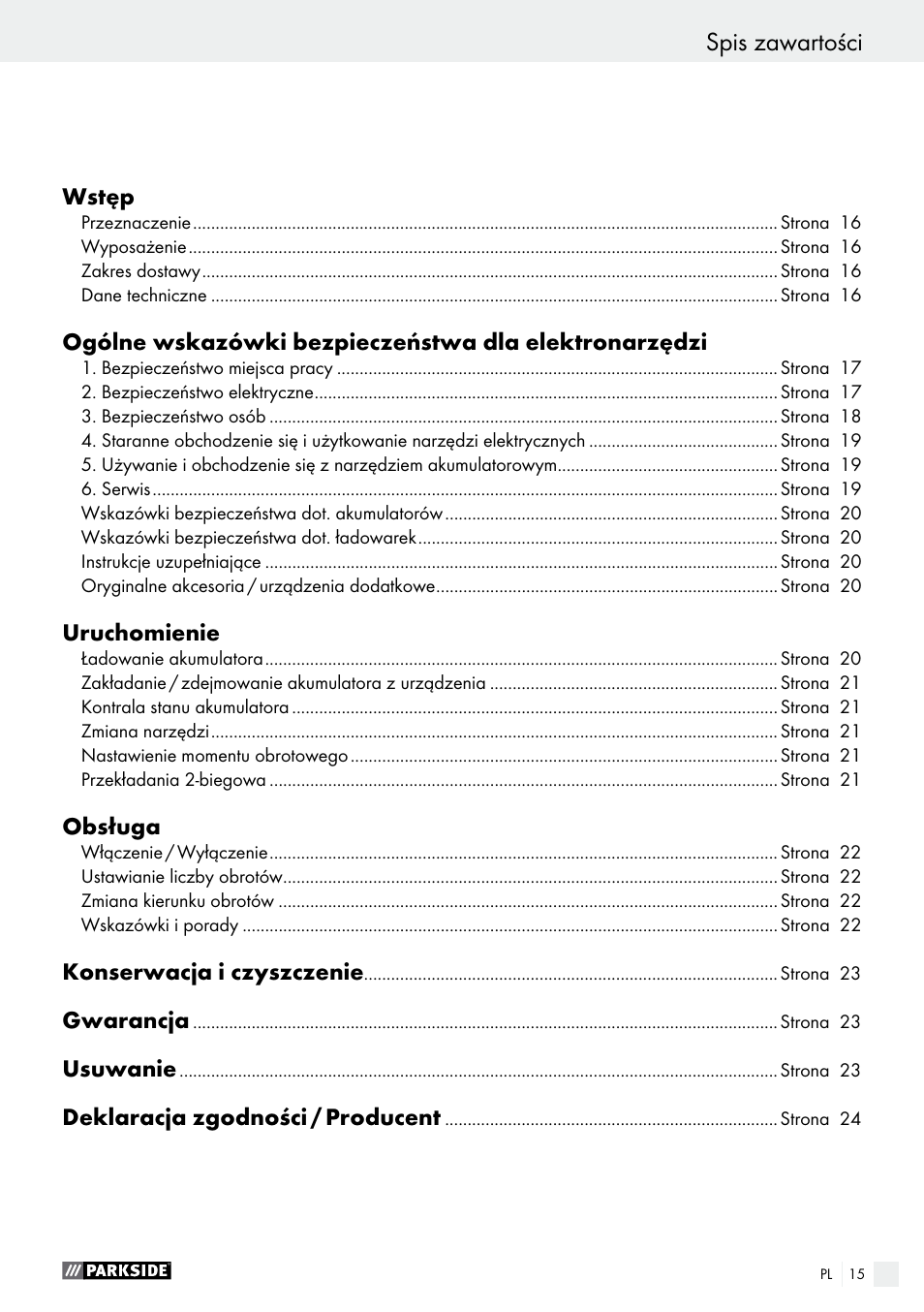 Spis zawartości | Parkside PABS 14.4 A1 User Manual | Page 15 / 77