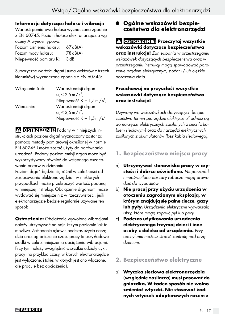 Bezpieczeństwo miejsca pracy, Bezpieczeństwo elektryczne | Parkside PABS 14.4 A1 User Manual | Page 17 / 77