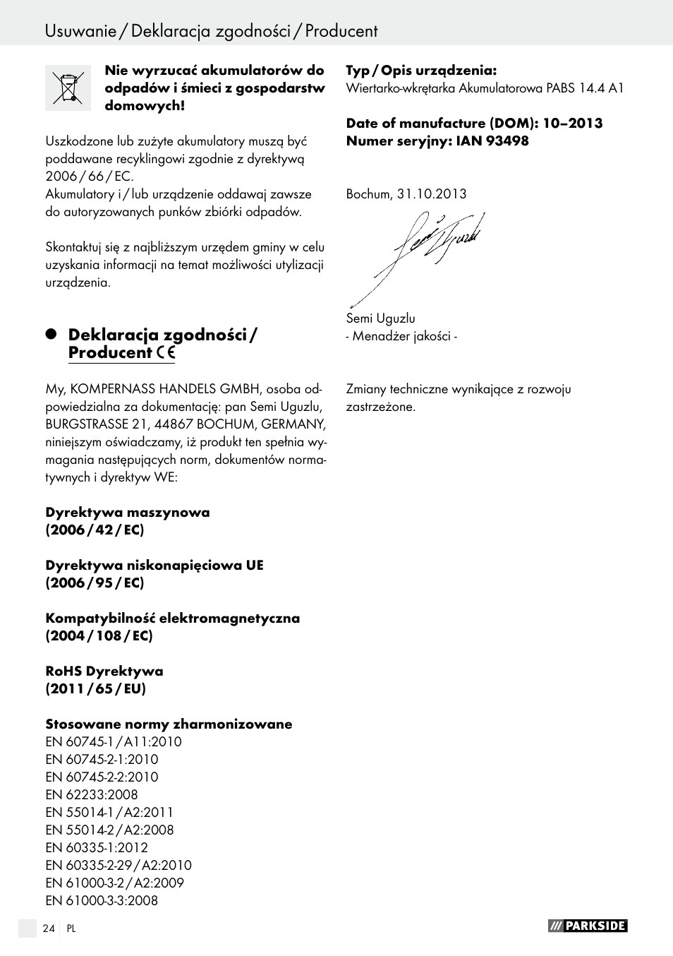 Usuwanie / deklaracja zgodności / producent, Tartalomjegyzék | Parkside PABS 14.4 A1 User Manual | Page 24 / 77