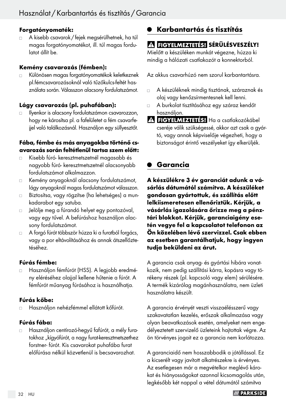 Karbantartás és tisztítás, Garancia | Parkside PABS 14.4 A1 User Manual | Page 32 / 77