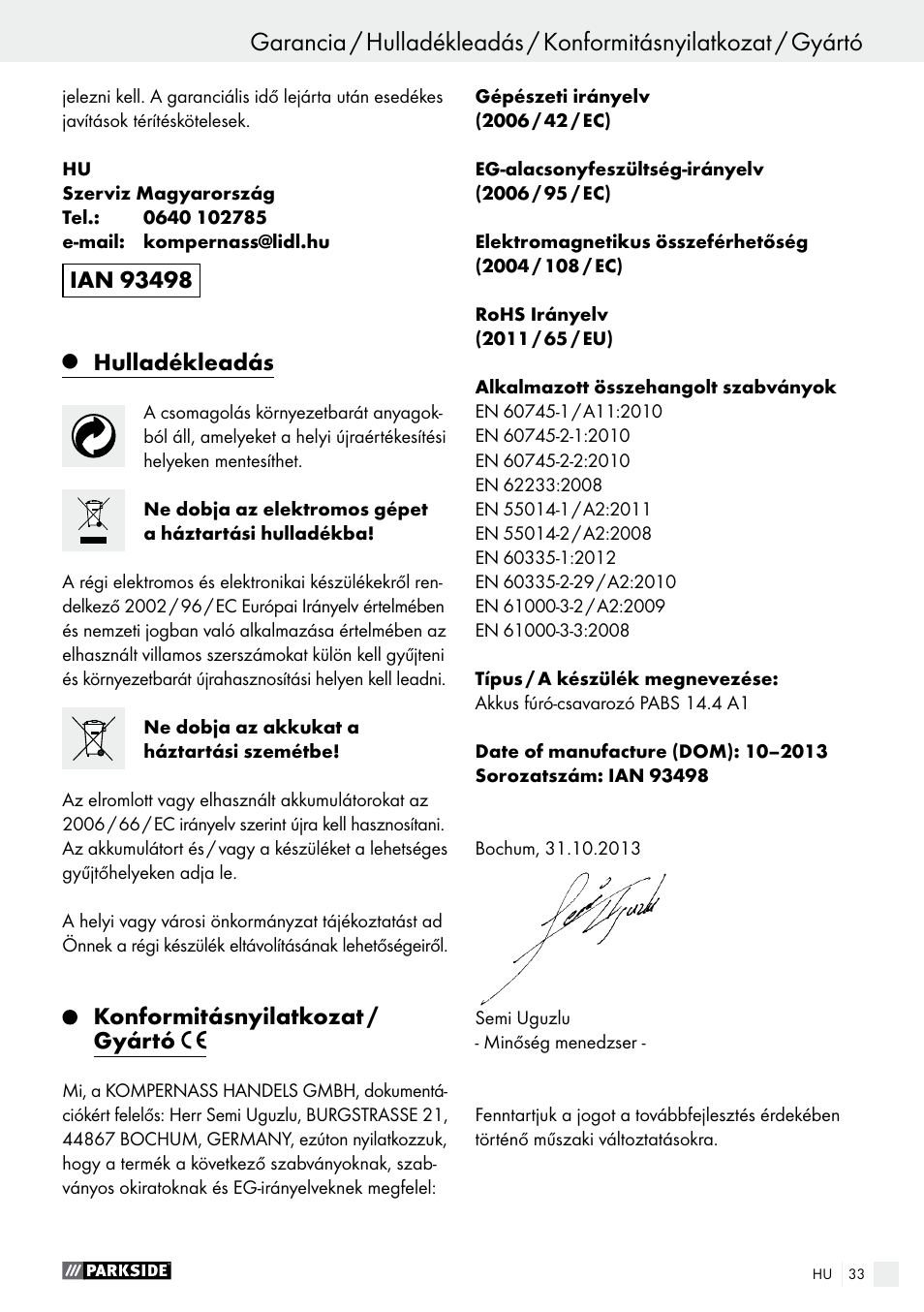 Hulladékleadás, Konformitásnyilatkozat / gyártó | Parkside PABS 14.4 A1 User Manual | Page 33 / 77