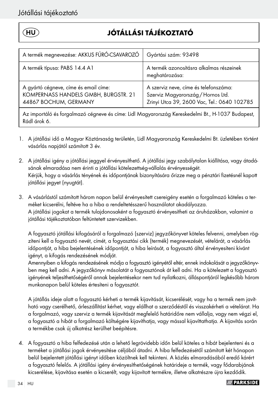 Jótállási tájékoztató | Parkside PABS 14.4 A1 User Manual | Page 34 / 77