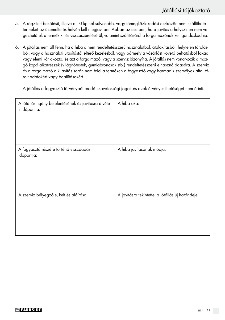 Jótállási tájékoztató | Parkside PABS 14.4 A1 User Manual | Page 35 / 77