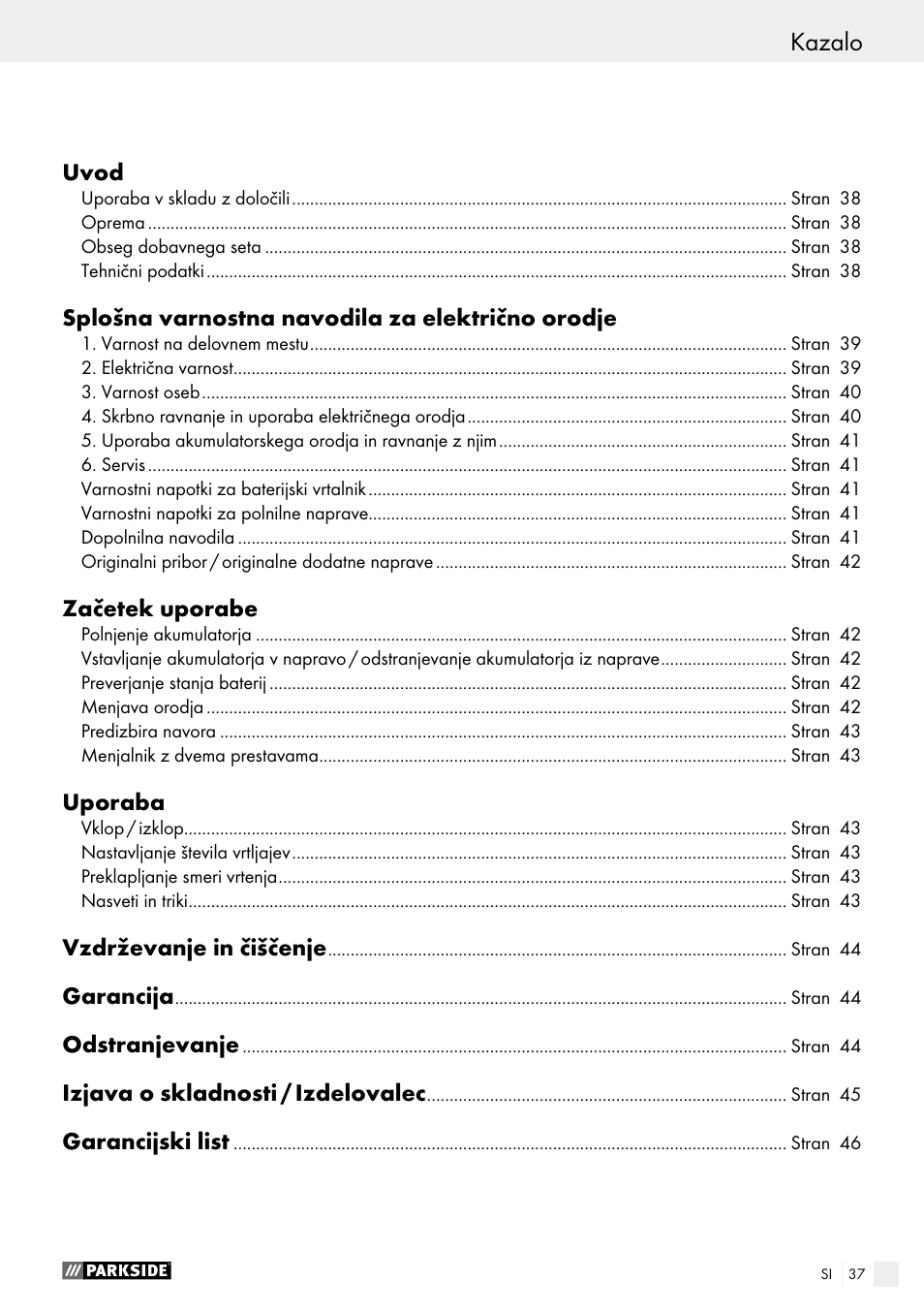 Kazalo | Parkside PABS 14.4 A1 User Manual | Page 37 / 77