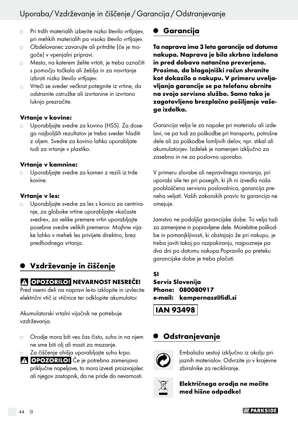 Vzdrževanje in čiščenje, Garancija, Odstranjevanje | Parkside PABS 14.4 A1 User Manual | Page 44 / 77
