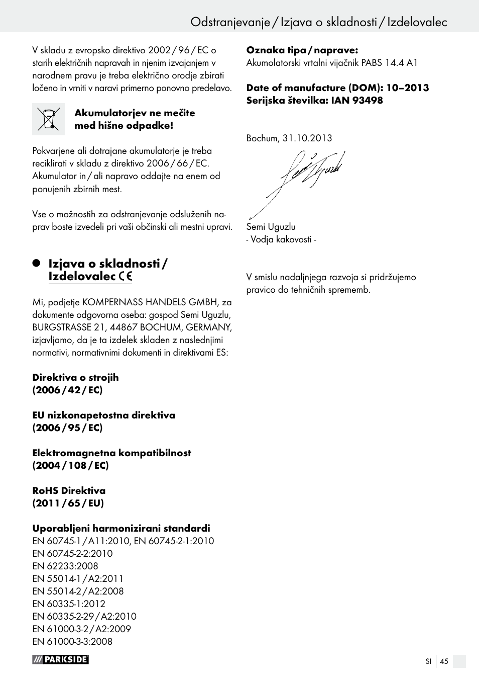 Izjava o skladnosti / izdelovalec | Parkside PABS 14.4 A1 User Manual | Page 45 / 77