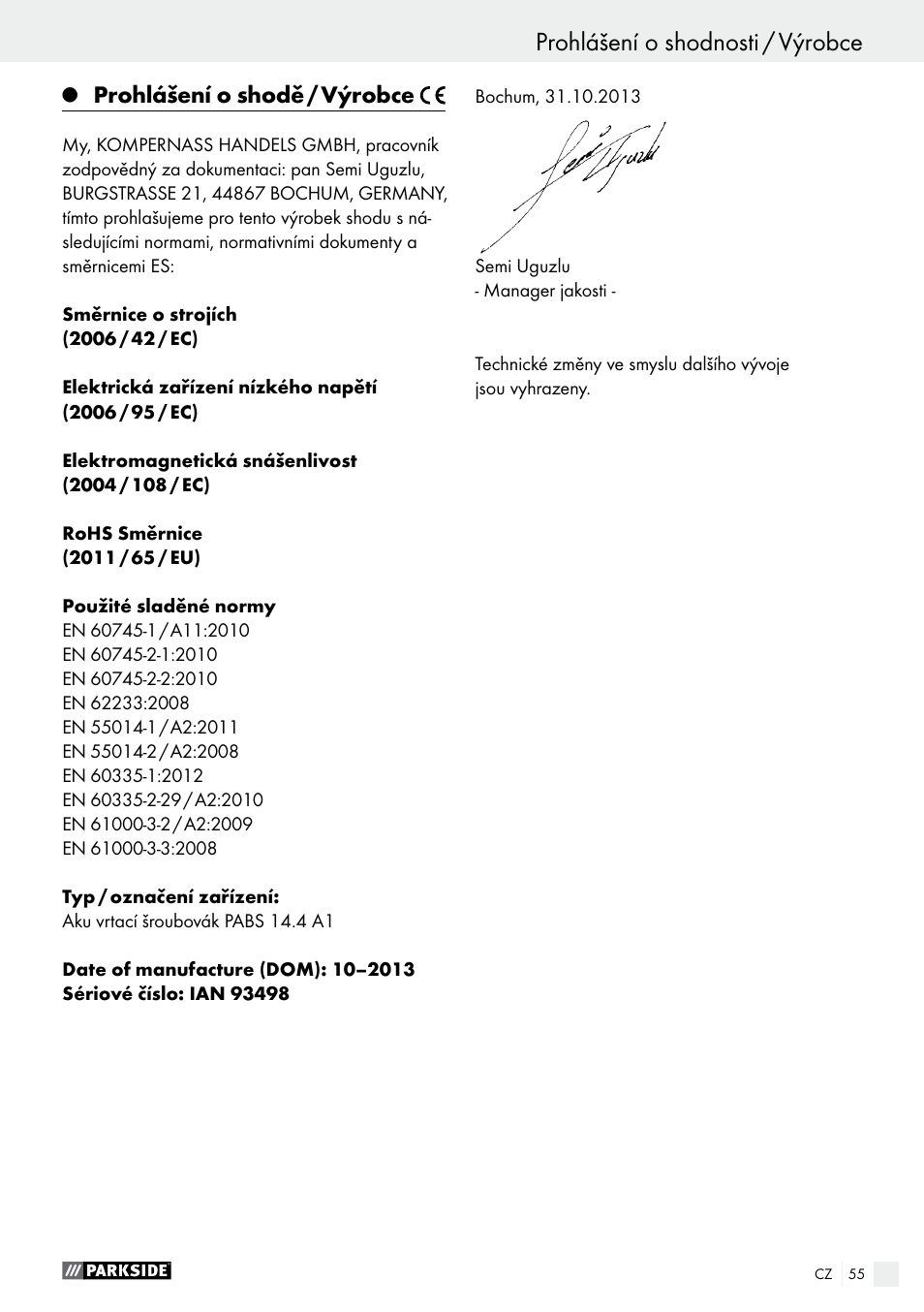 Prohlášení o shodě / výrobce | Parkside PABS 14.4 A1 User Manual | Page 55 / 77