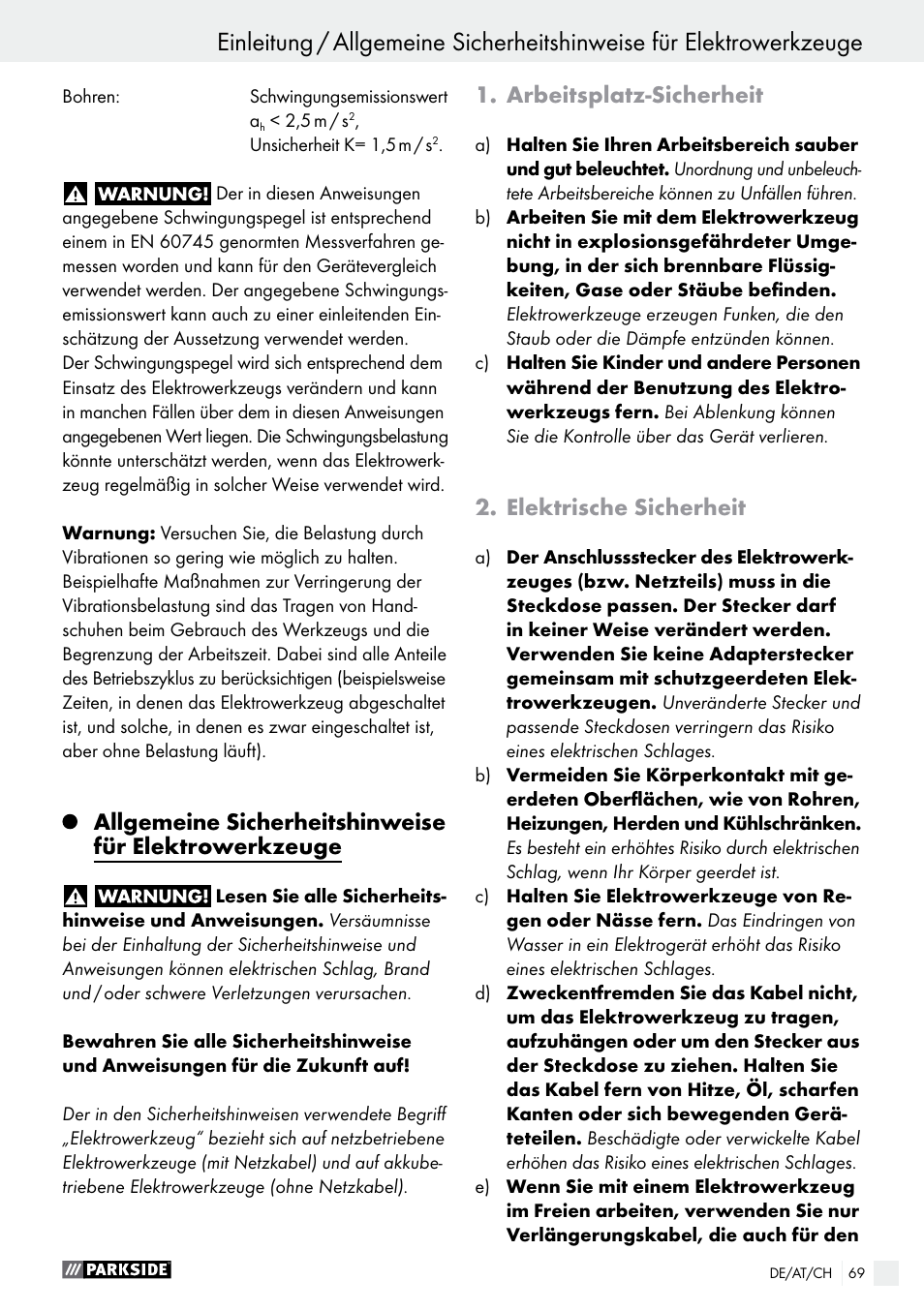Arbeitsplatz-sicherheit, Elektrische sicherheit | Parkside PABS 14.4 A1 User Manual | Page 69 / 77
