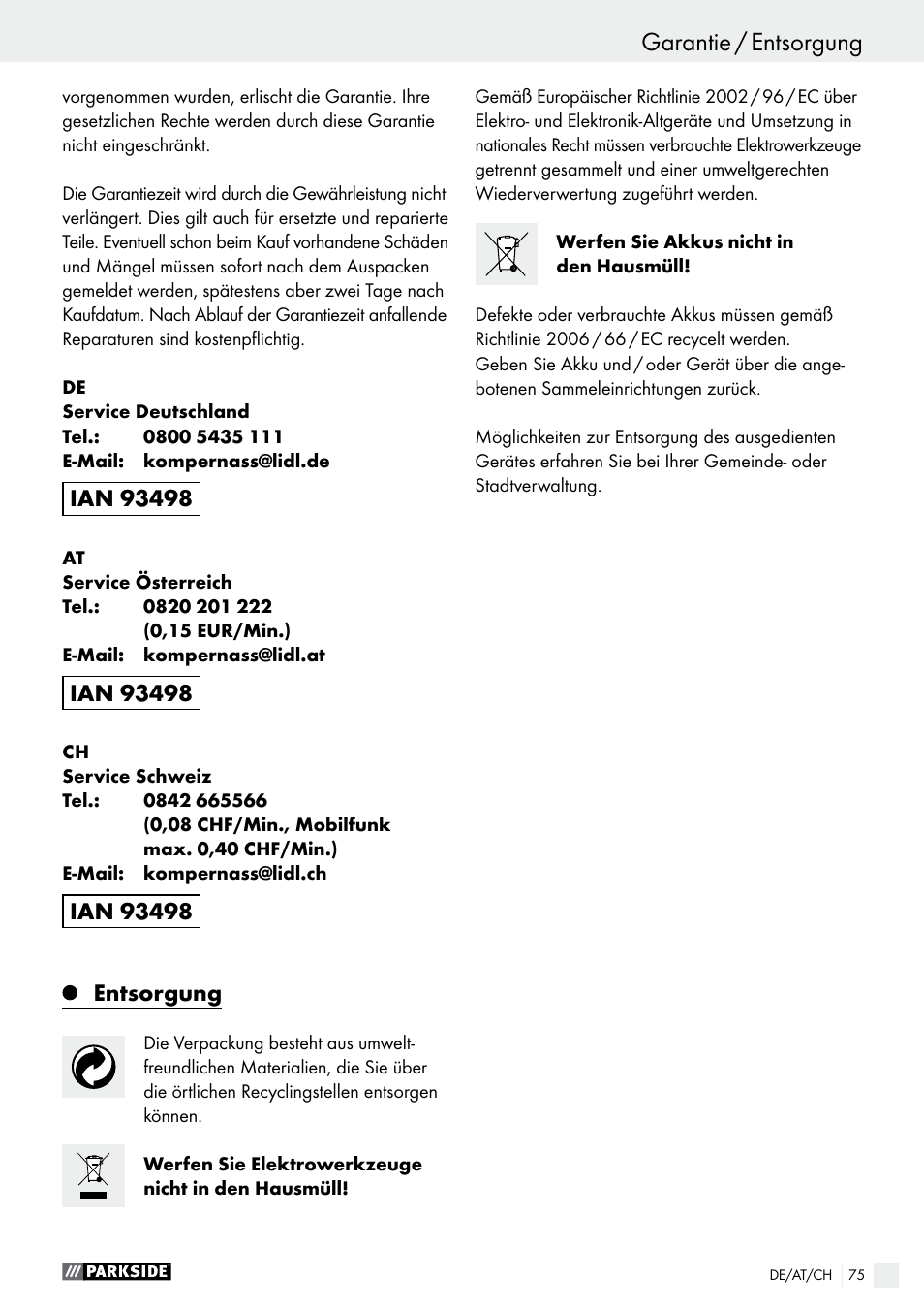 Bedienung / wartung und reinigung / garantie, Garantie / entsorgung, Entsorgung | Parkside PABS 14.4 A1 User Manual | Page 75 / 77