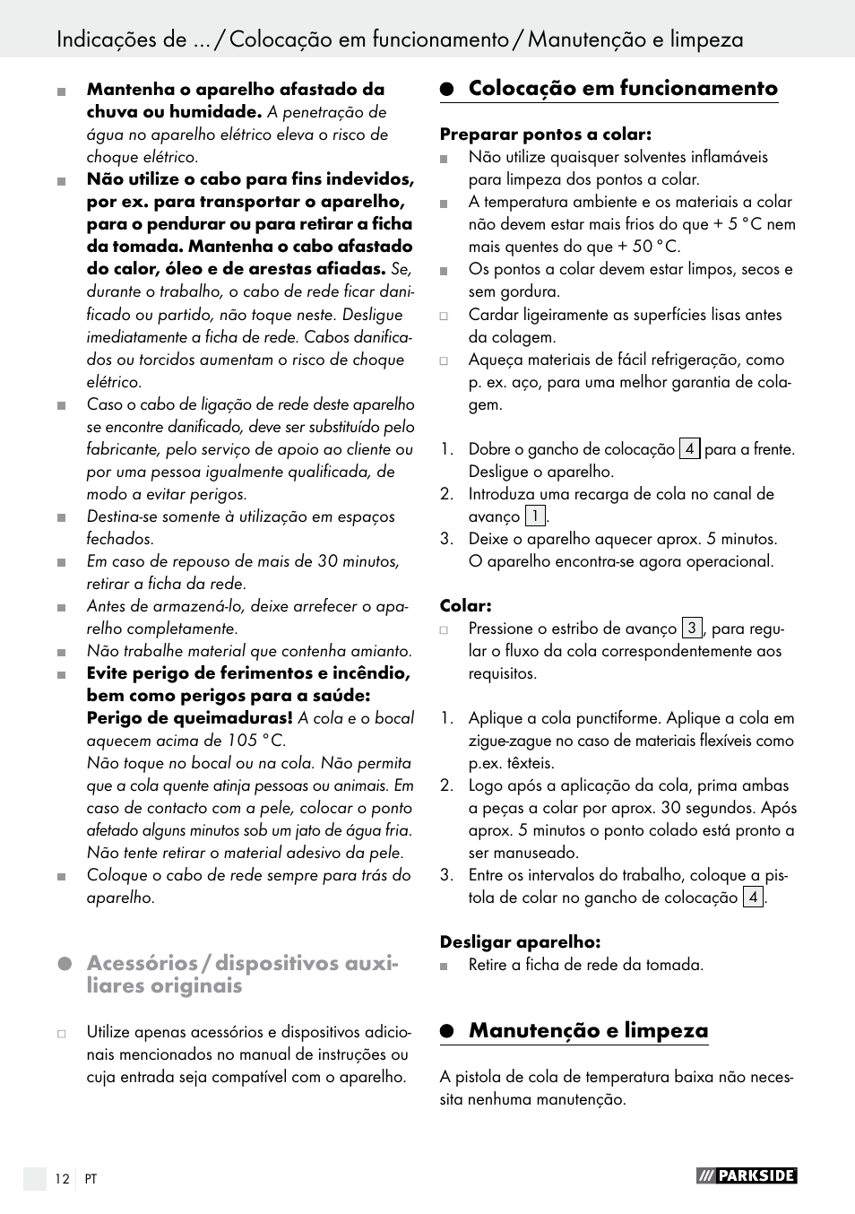 Acessórios / dispositivos auxi- liares originais, Colocação em funcionamento, Manutenção e limpeza | Parkside PNKP 105 A1 User Manual | Page 12 / 20