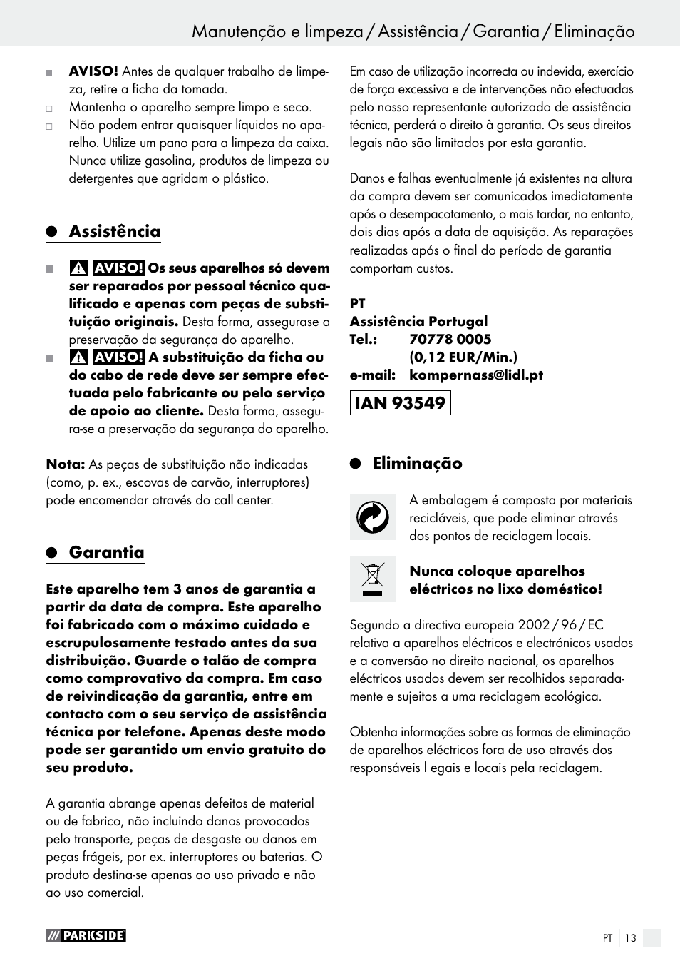 Assistência, Garantia, Eliminação | Parkside PNKP 105 A1 User Manual | Page 13 / 20