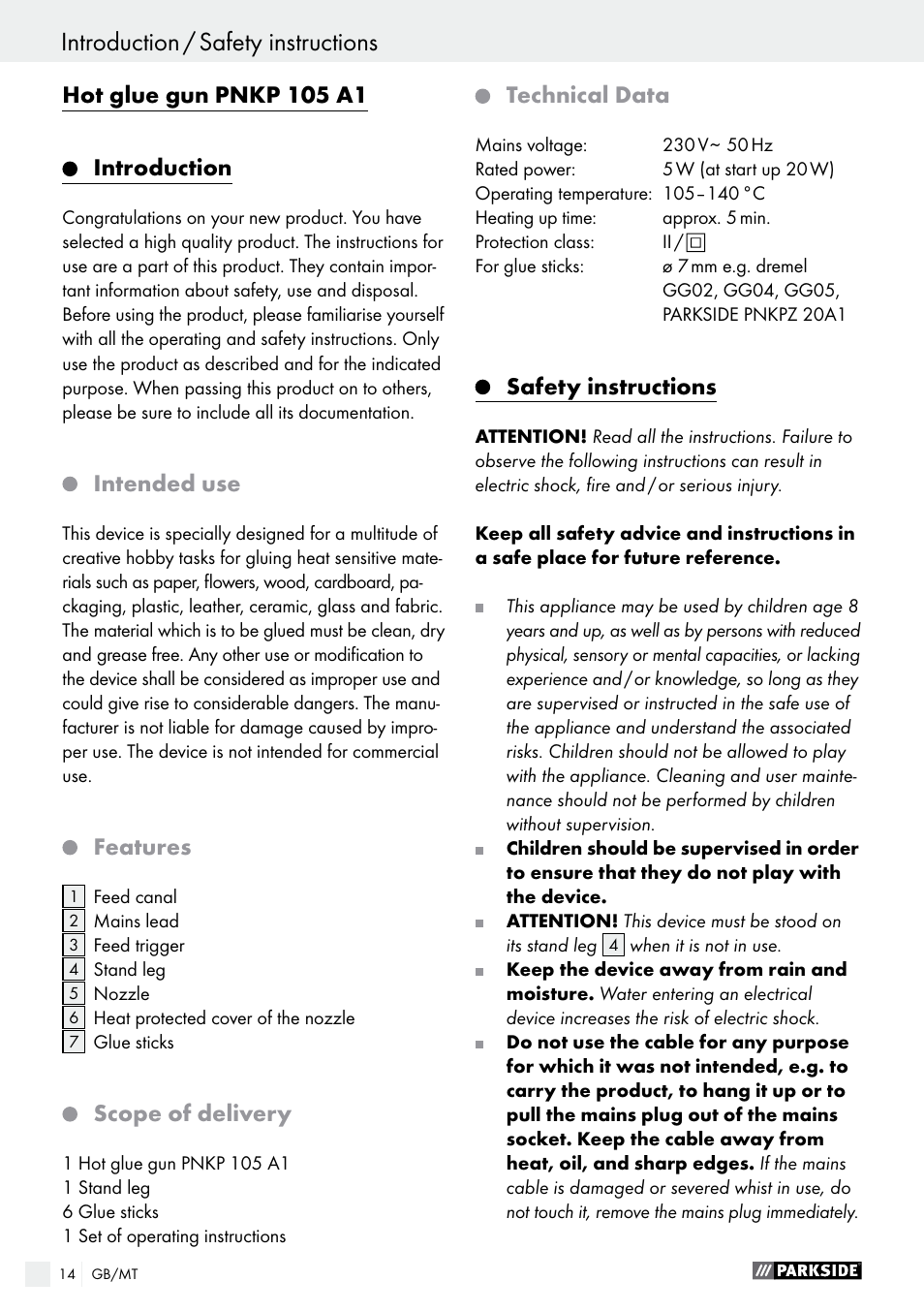 Hot glue gun pnkp 105 a1, Introduction, Intended use | Features, Scope of delivery, Technical data, Safety instructions | Parkside PNKP 105 A1 User Manual | Page 14 / 20