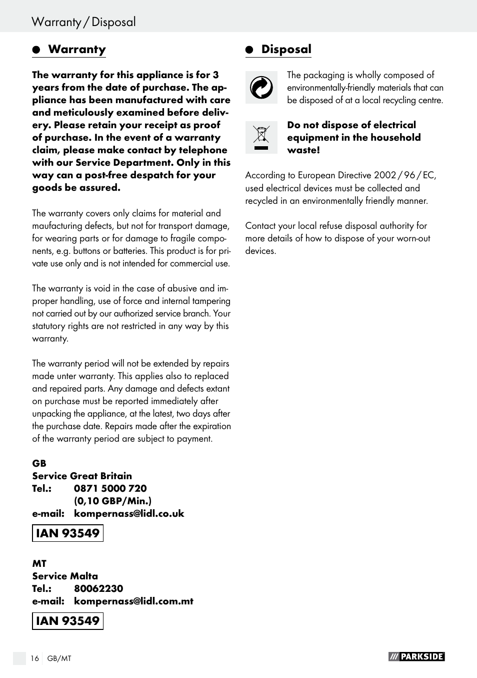 Einleitung / sicherheitshinweise, Warranty / disposal | Parkside PNKP 105 A1 User Manual | Page 16 / 20