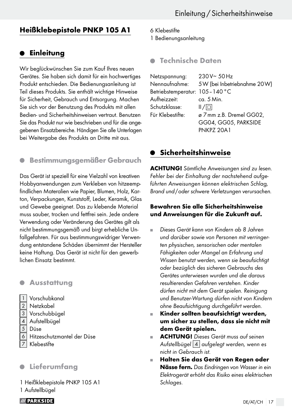 Heißklebepistole pnkp 105 a1, Einleitung, Bestimmungsgemäßer gebrauch | Ausstattung, Lieferumfang, Technische daten, Sicherheitshinweise | Parkside PNKP 105 A1 User Manual | Page 17 / 20