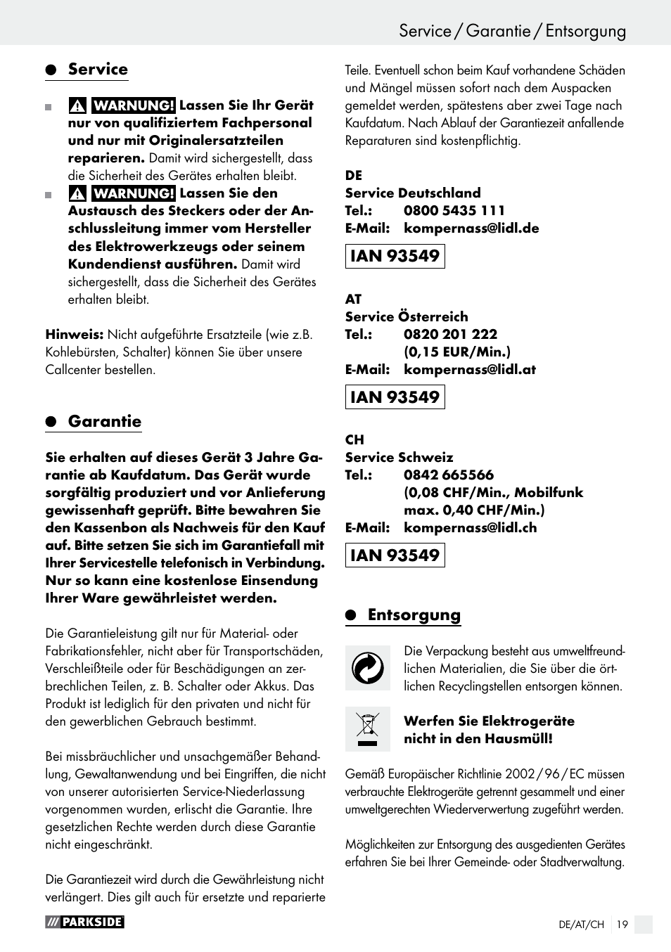 Service, Garantie, Entsorgung | Parkside PNKP 105 A1 User Manual | Page 19 / 20