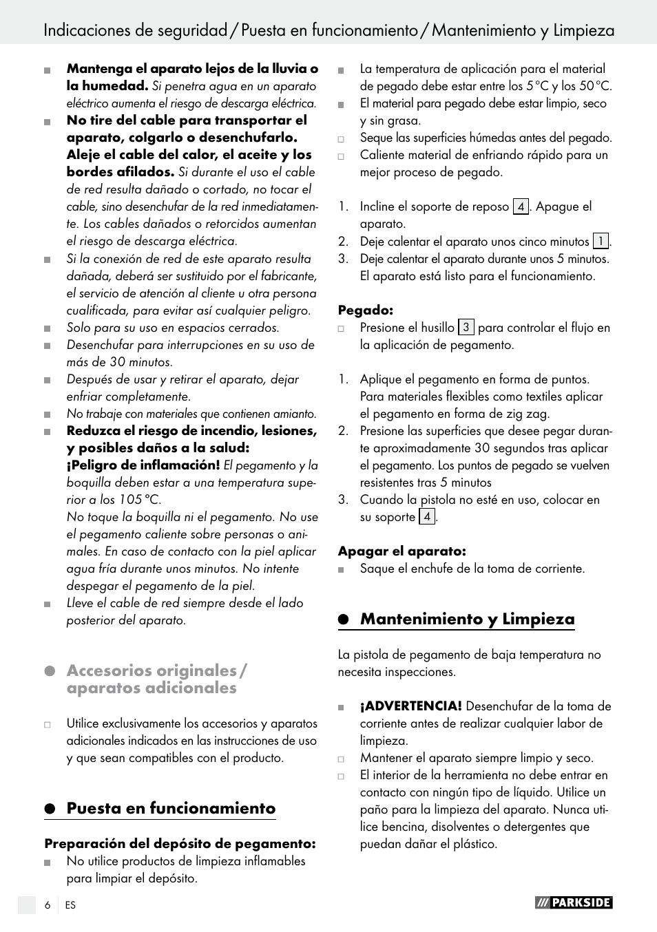 Accesorios originales / aparatos adicionales, Puesta en funcionamiento, Mantenimiento y limpieza | Parkside PNKP 105 A1 User Manual | Page 6 / 20