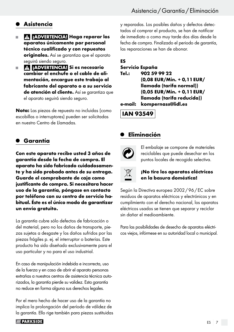 Asistencia, Garantía, Eliminación | Parkside PNKP 105 A1 User Manual | Page 7 / 20
