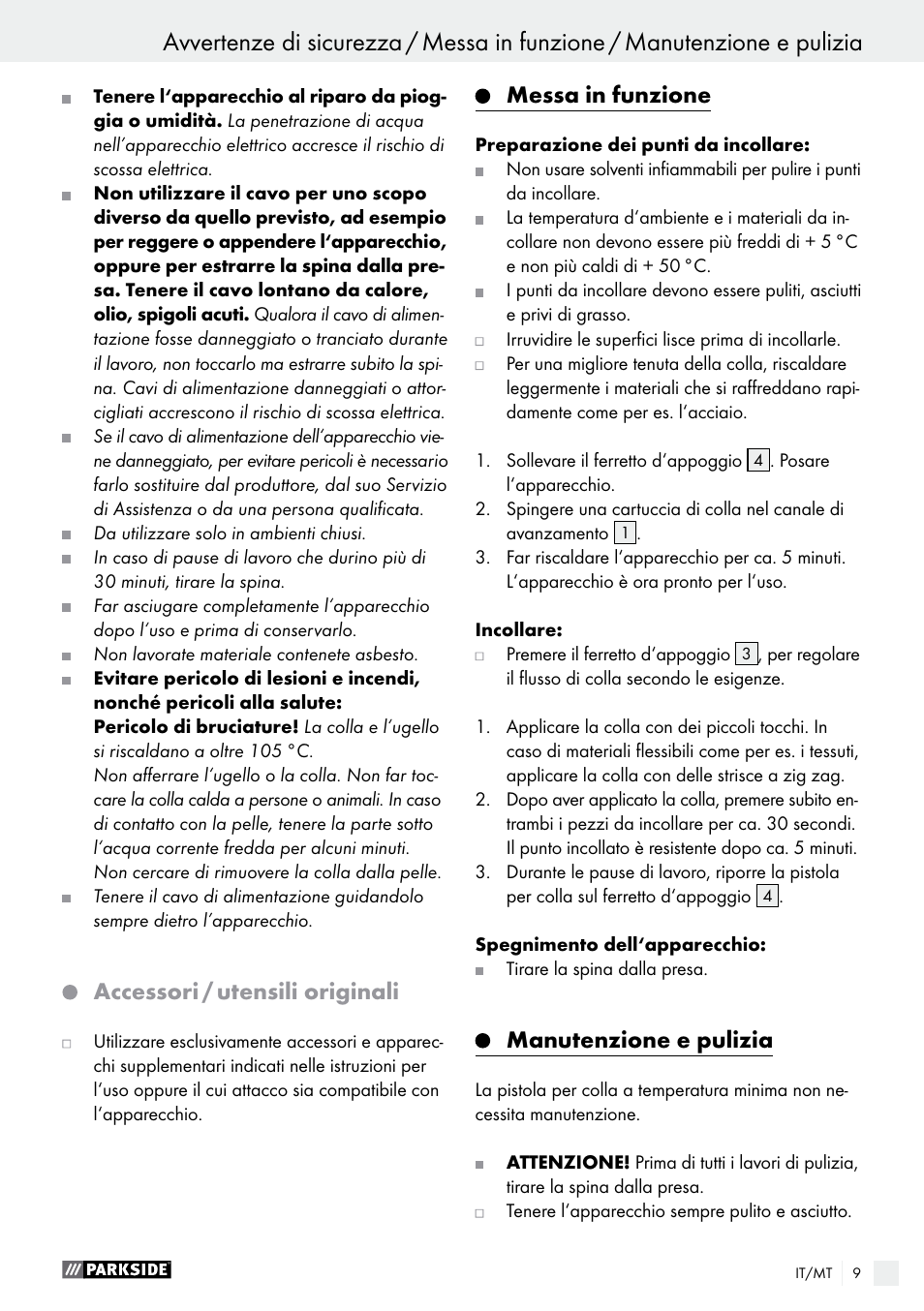 Accessori / utensili originali, Messa in funzione, Manutenzione e pulizia | Parkside PNKP 105 A1 User Manual | Page 9 / 20
