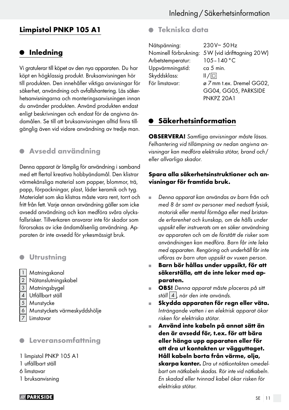 Limpistol pnkp 105 a1 inledning, Avsedd användning, Utrustning | Leveransomfattning, Tekniska data, Säkerhetsinformation | Parkside PNKP 105 A1 User Manual | Page 11 / 24