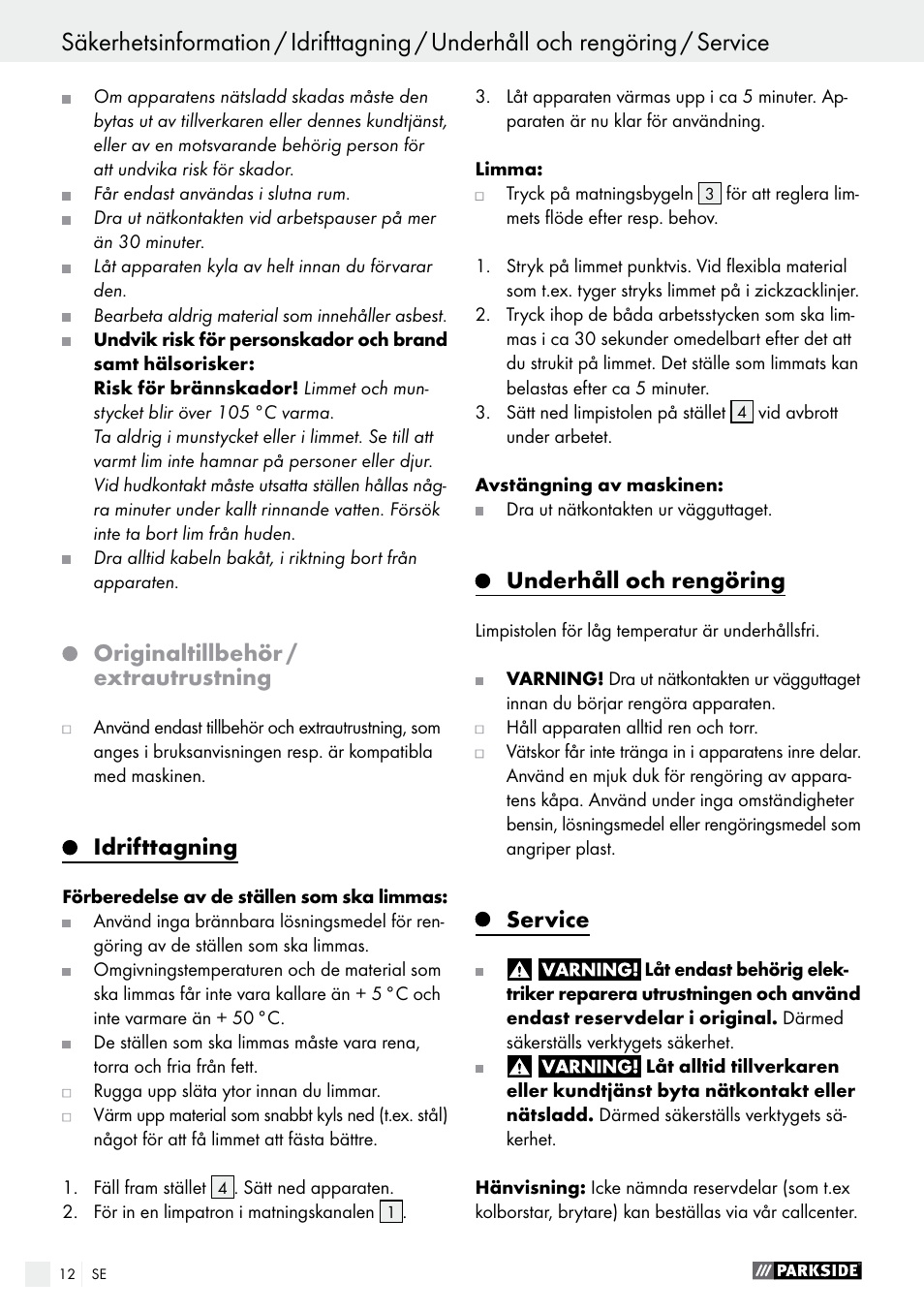 Originaltillbehör / extrautrustning, Idrifttagning, Underhåll och rengöring | Service | Parkside PNKP 105 A1 User Manual | Page 12 / 24