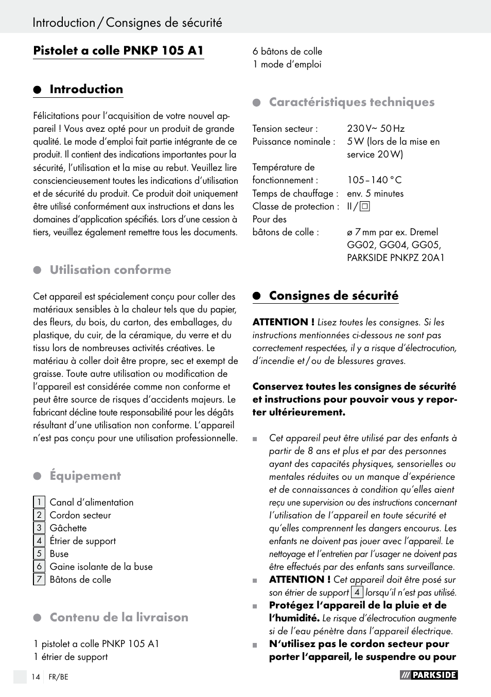 Pistolet a colle pnkp 105 a1, Introduction, Utilisation conforme | Équipement, Contenu de la livraison, Caractéristiques techniques, Consignes de sécurité | Parkside PNKP 105 A1 User Manual | Page 14 / 24