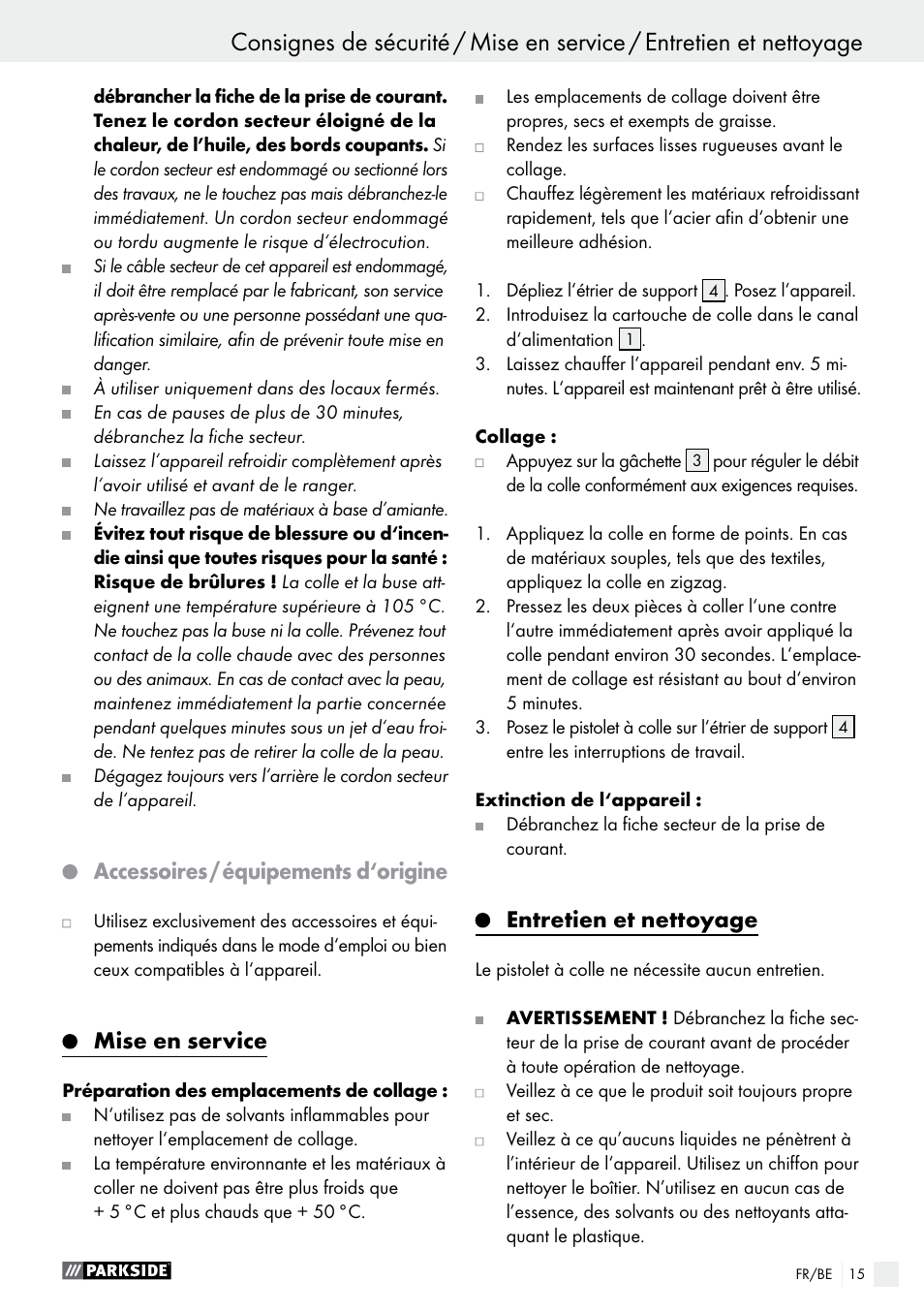 Accessoires / équipements d‘origine, Mise en service, Entretien et nettoyage | Parkside PNKP 105 A1 User Manual | Page 15 / 24