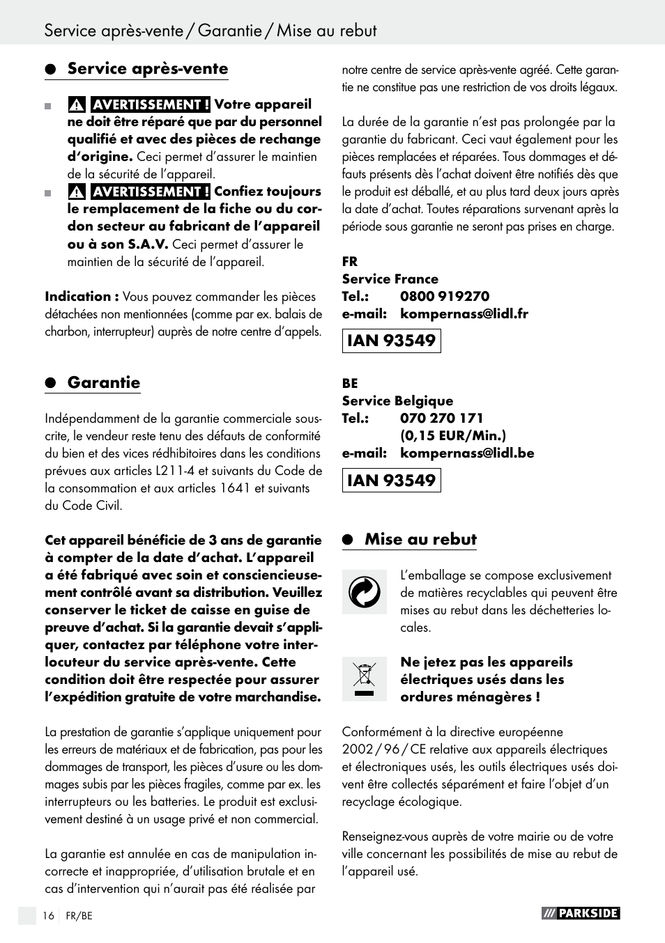 Service après-vente, Garantie, Mise au rebut | Parkside PNKP 105 A1 User Manual | Page 16 / 24