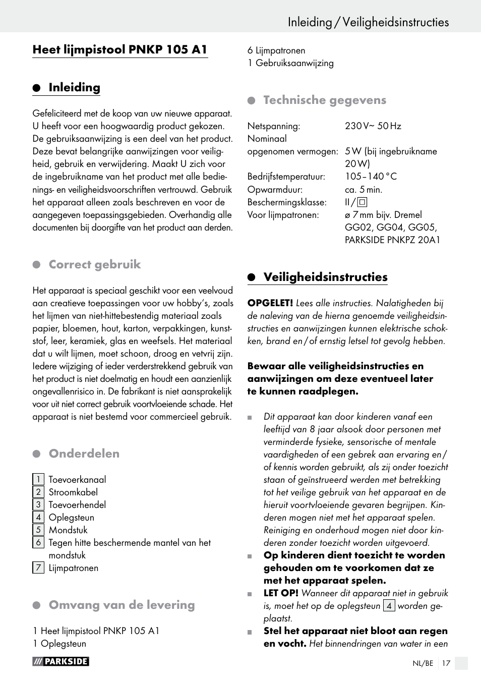 Heet lijmpistool pnkp 105 a1 inleiding, Correct gebruik, Onderdelen | Omvang van de levering, Technische gegevens, Veiligheidsinstructies | Parkside PNKP 105 A1 User Manual | Page 17 / 24