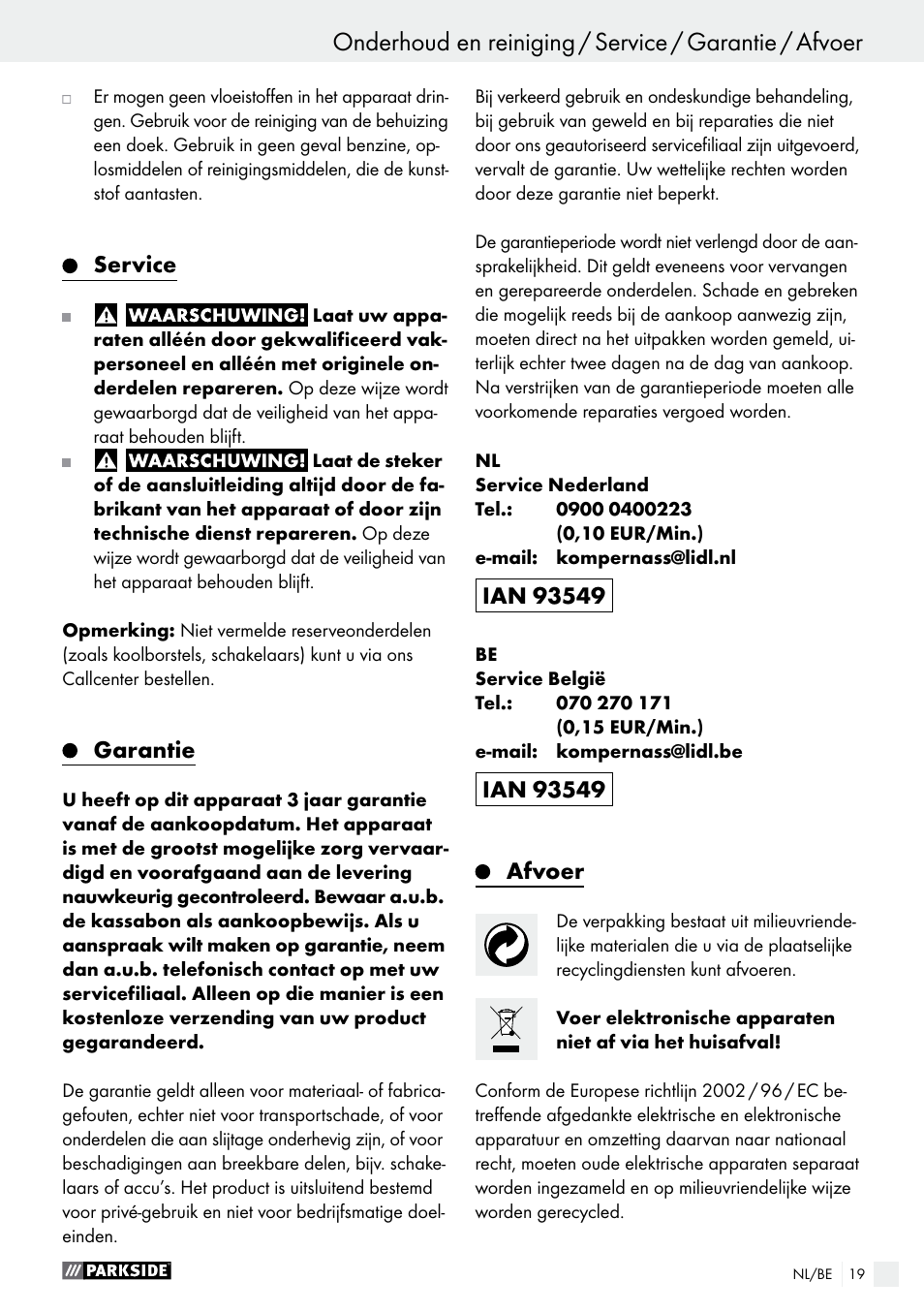 Service, Garantie, Afvoer | Parkside PNKP 105 A1 User Manual | Page 19 / 24