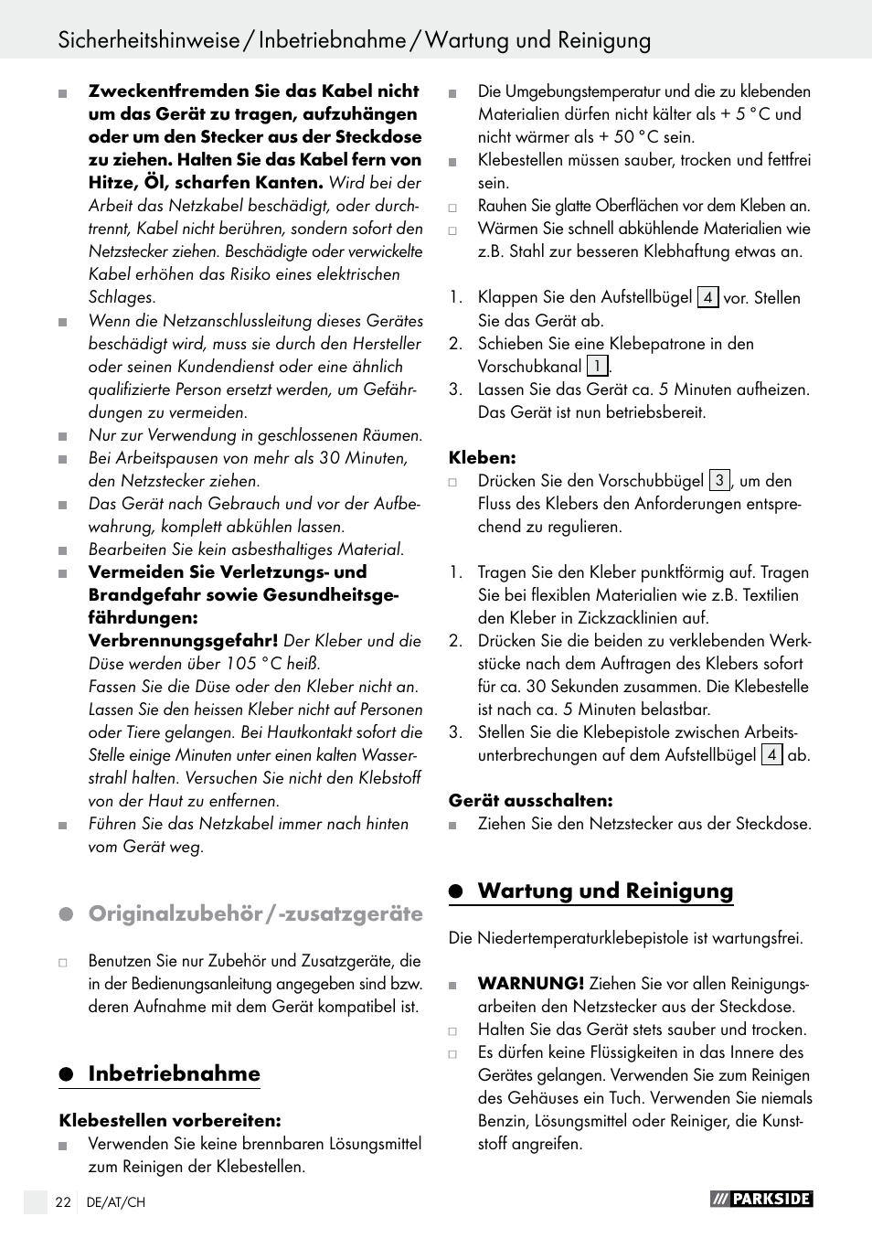 Originalzubehör / -zusatzgeräte, Inbetriebnahme, Wartung und reinigung | Parkside PNKP 105 A1 User Manual | Page 22 / 24