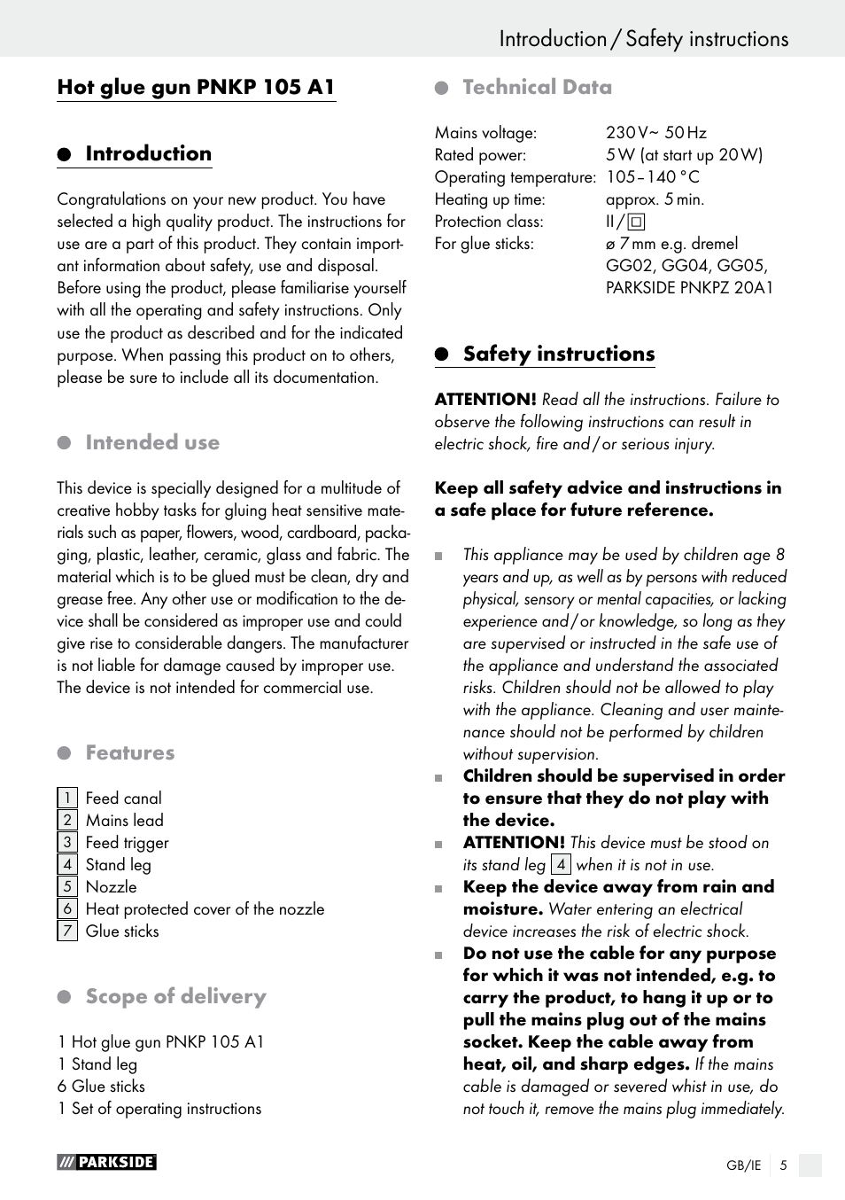 Introduction / safety instructions, Hot glue gun pnkp 105 a1, Introduction | Intended use, Features, Scope of delivery, Technical data, Safety instructions | Parkside PNKP 105 A1 User Manual | Page 5 / 24