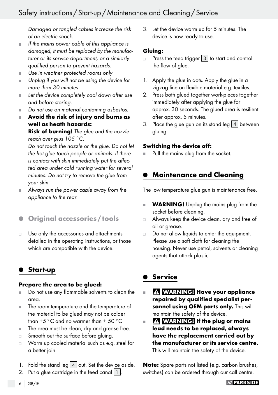 Original accessories / tools, Start-up, Maintenance and cleaning | Service | Parkside PNKP 105 A1 User Manual | Page 6 / 24