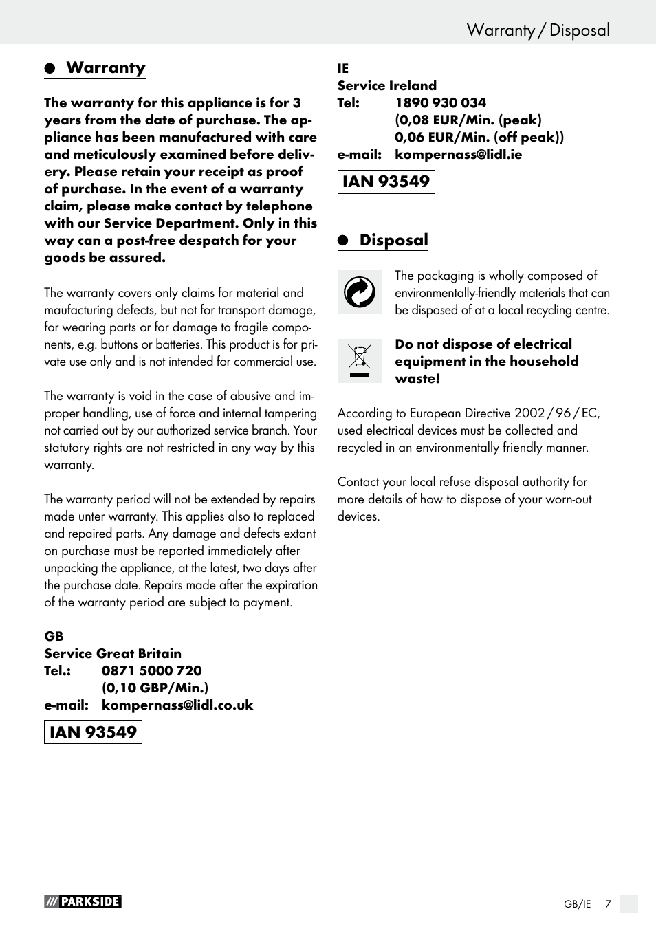 Warranty, Disposal | Parkside PNKP 105 A1 User Manual | Page 7 / 24