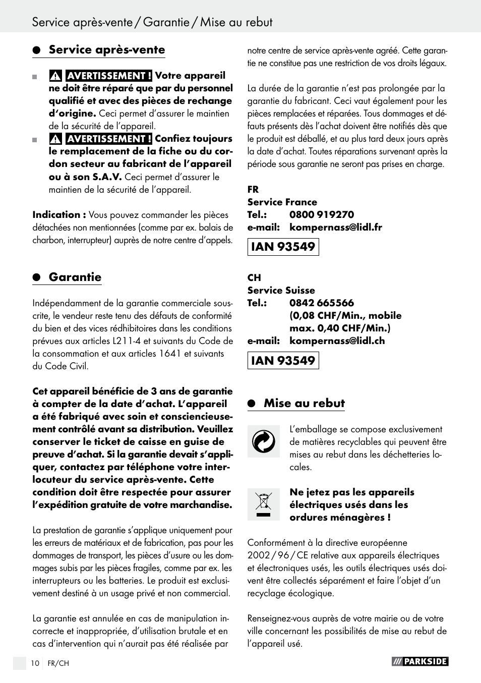 Introduzione / avvertenze di sicurezza, Service après-vente / garantie / mise au rebut, Service après-vente | Garantie, Mise au rebut | Parkside PNKP 105 A1 User Manual | Page 10 / 17