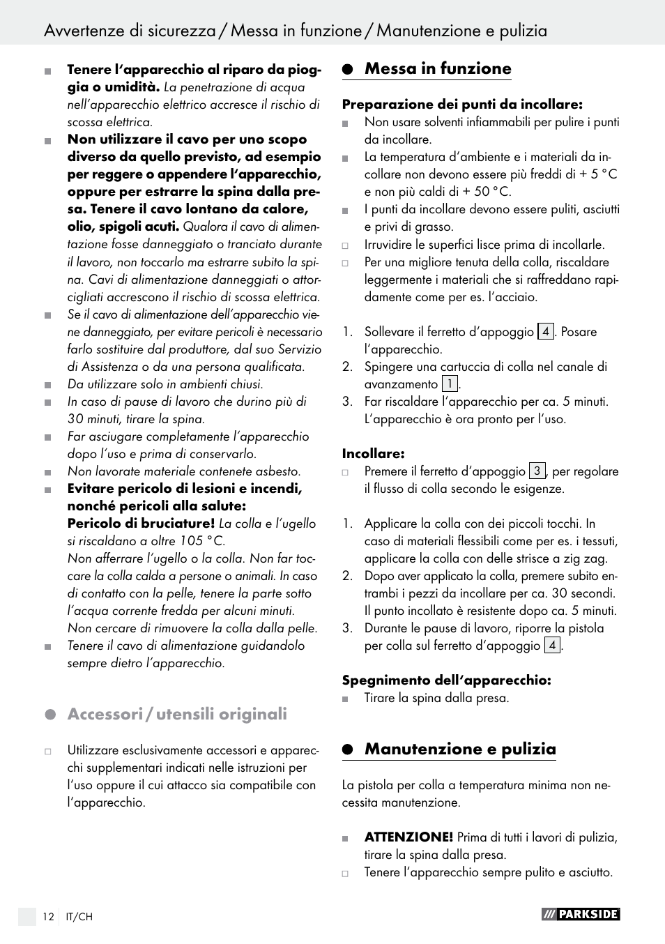 Accessori / utensili originali, Messa in funzione, Manutenzione e pulizia | Parkside PNKP 105 A1 User Manual | Page 12 / 17