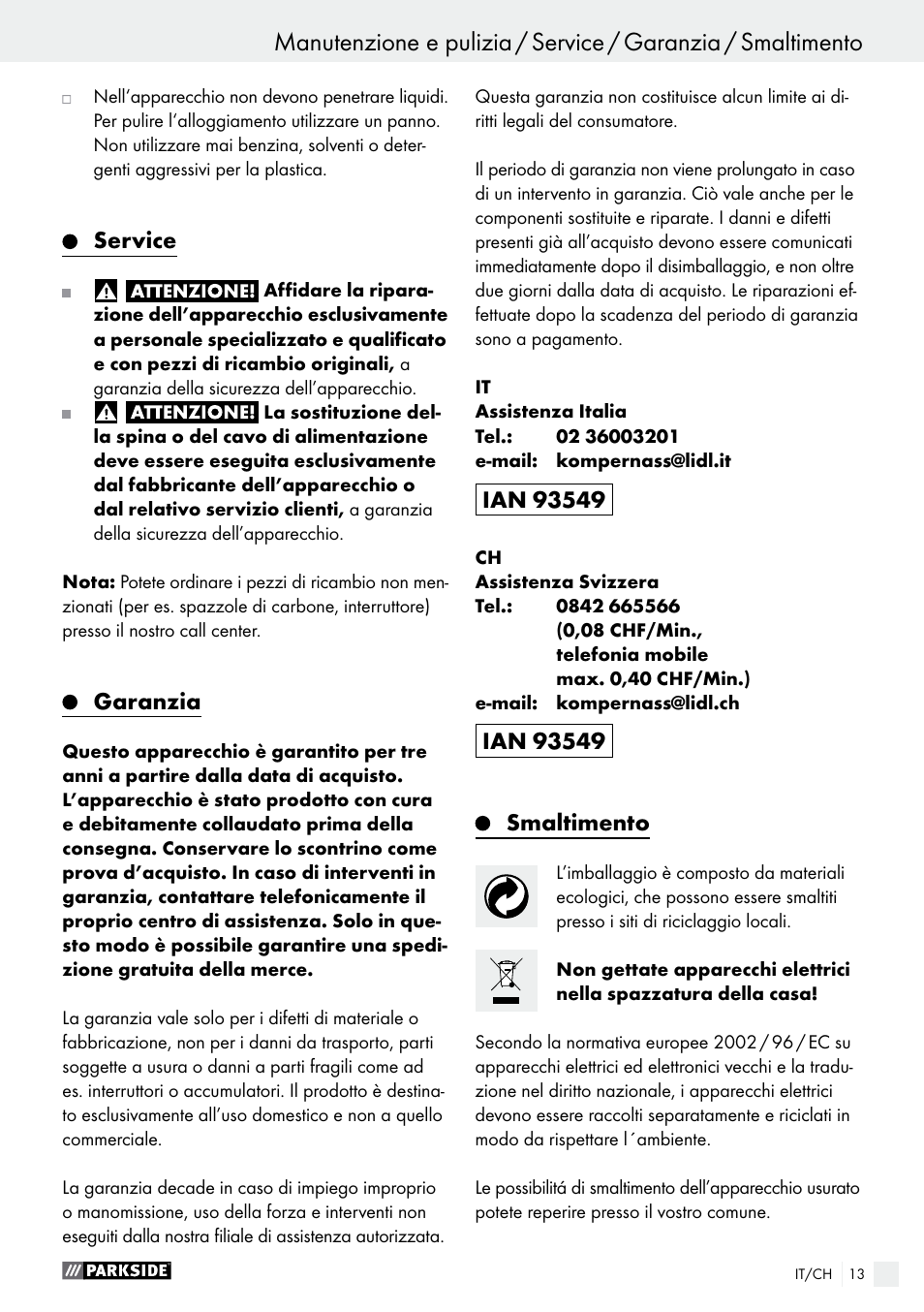 Service, Garanzia, Smaltimento | Parkside PNKP 105 A1 User Manual | Page 13 / 17