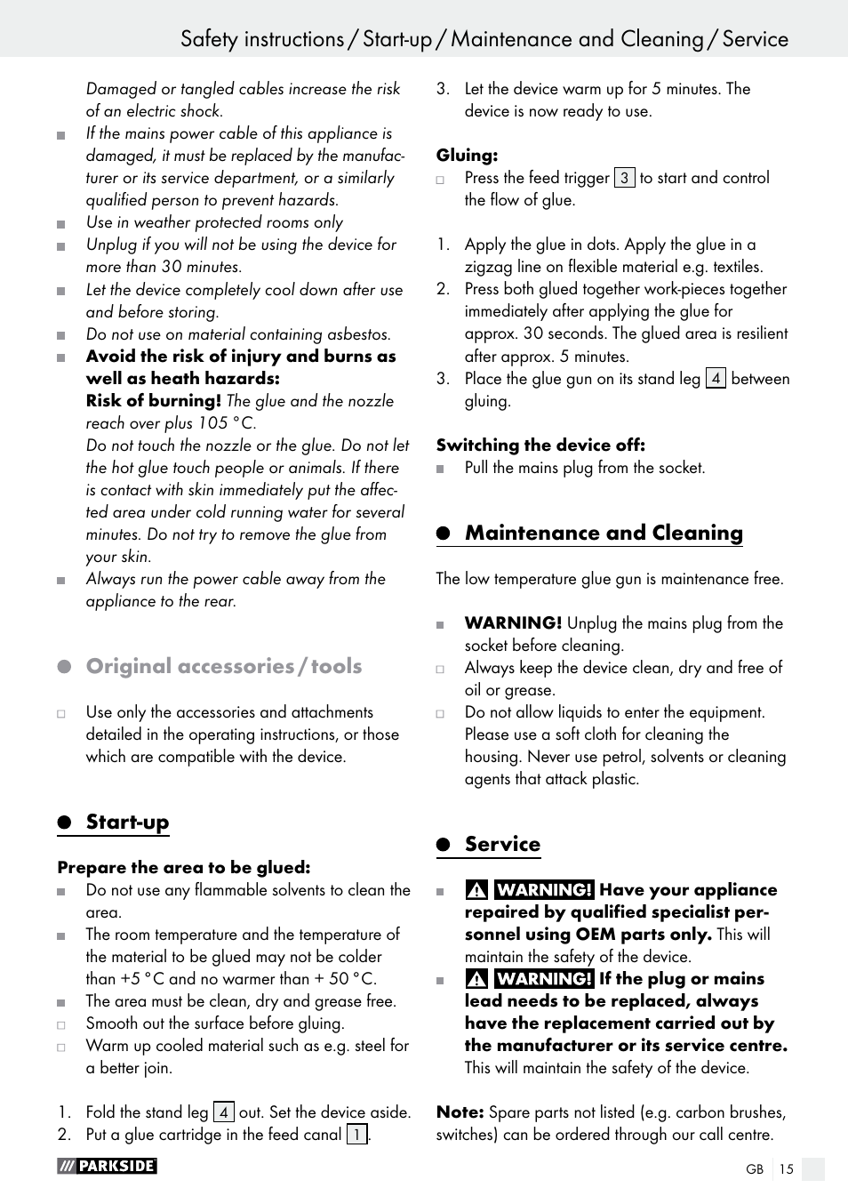 Introduction / safety instructions, Original accessories / tools, Start-up | Maintenance and cleaning, Service | Parkside PNKP 105 A1 User Manual | Page 15 / 17