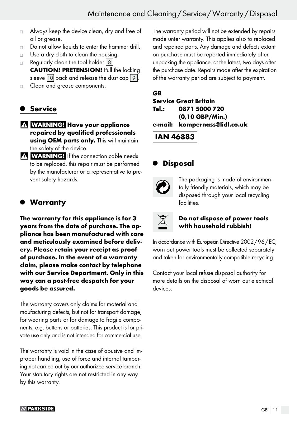 Service, Warranty, Disposal | Parkside PBH 1050 A1 User Manual | Page 11 / 68