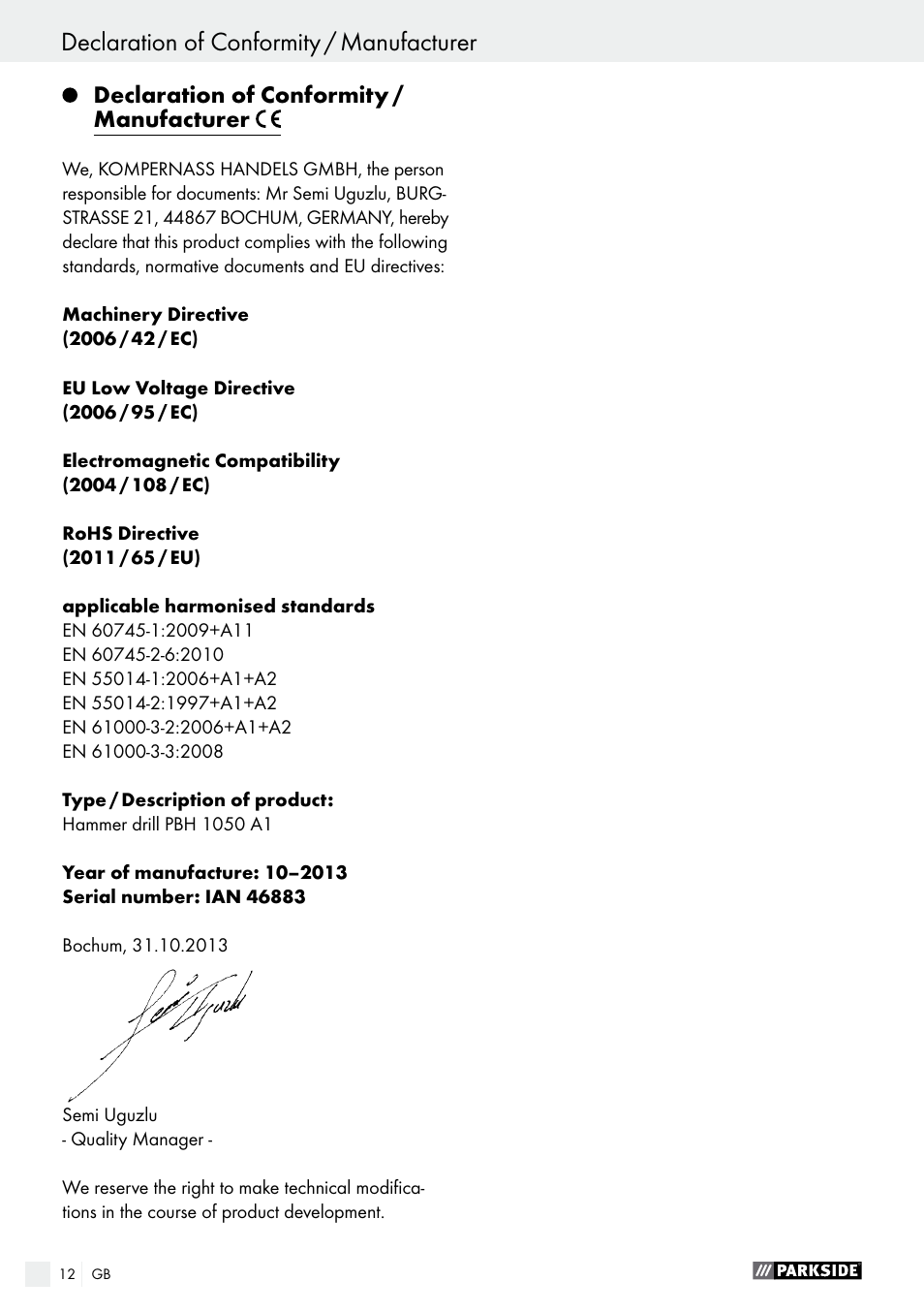 Parkside PBH 1050 A1 User Manual | Page 12 / 68