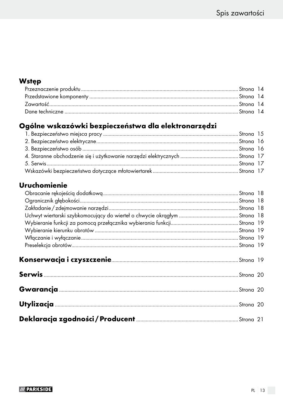 Spis zawartości, Declaration of conformity / manufacturer | Parkside PBH 1050 A1 User Manual | Page 13 / 68