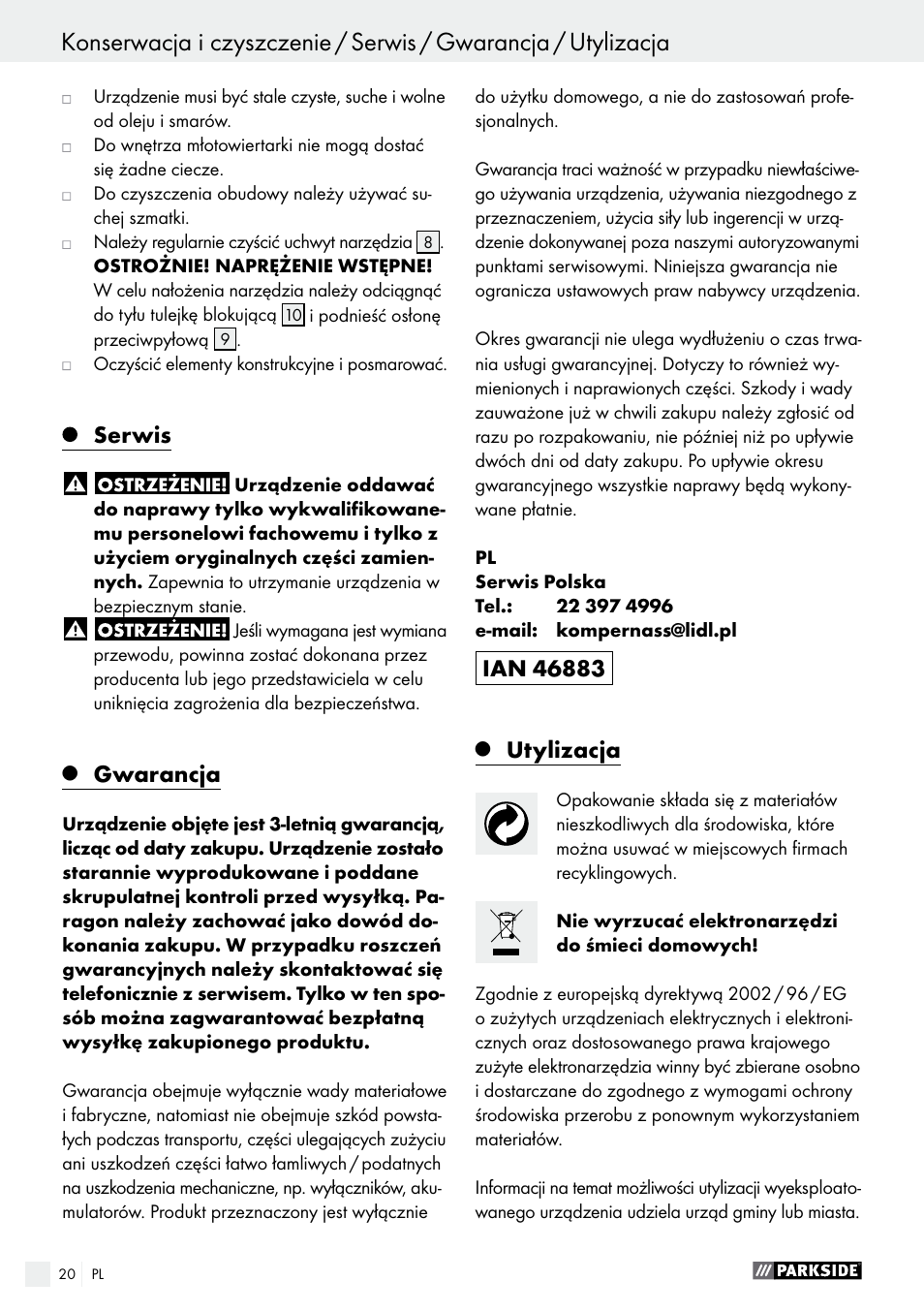 Deklaracja zgodności / producent, Serwis, Gwarancja | Utylizacja | Parkside PBH 1050 A1 User Manual | Page 20 / 68